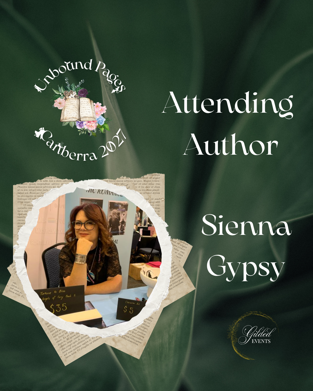 A digital graphic feature promoting Sienna Gypsy's attendance at Unbound Pages Canberra 2021. It includes her portrait photo, event logo with an open book and flowers, and event details displayed on torn paper textures, all set against a dark green b