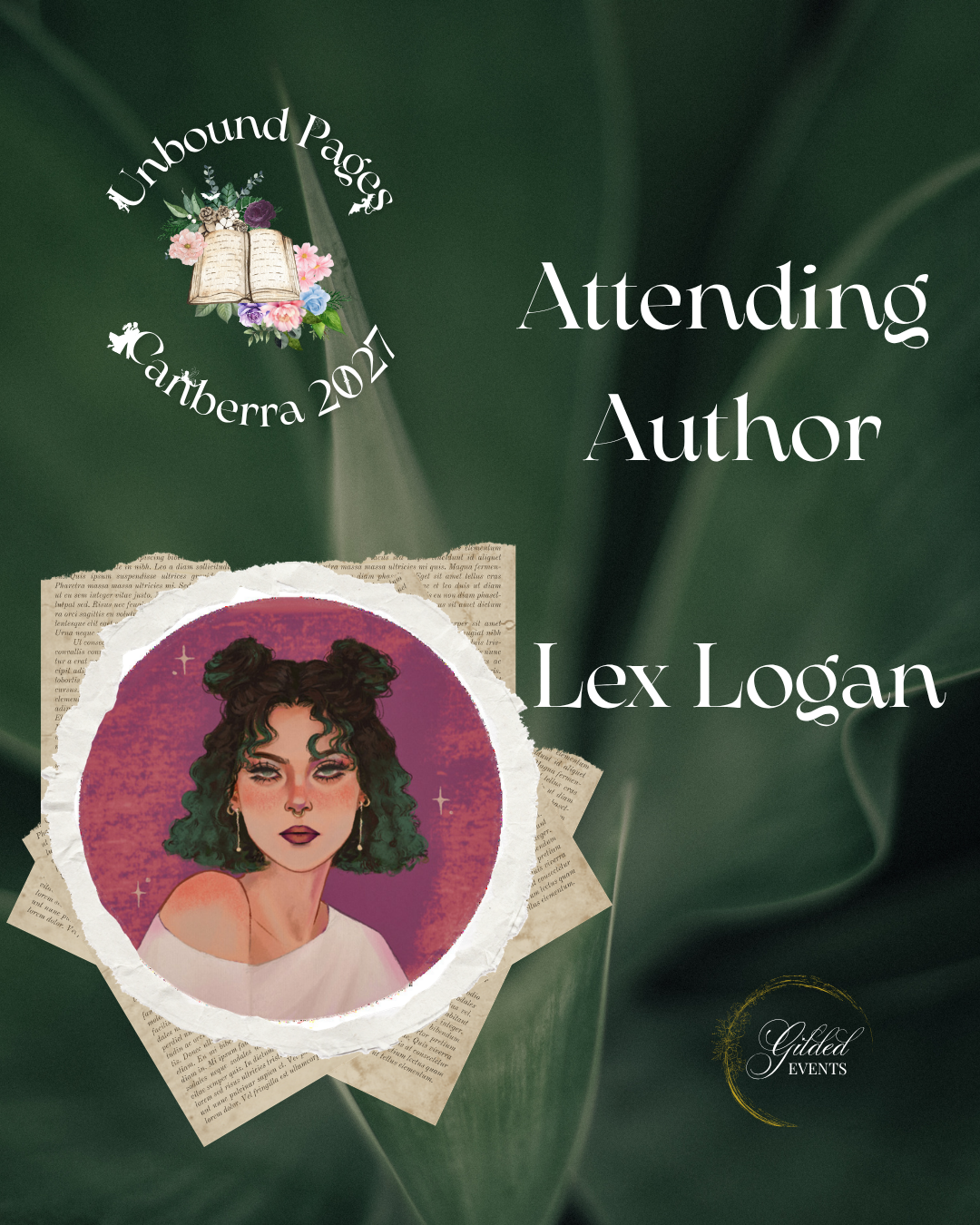 Event banner for 'Unbound Pages Canberra 2021' with an illustration of a woman with dark curly hair in a white shirt, surrounded by torn paper and old text, on a dark green background.
