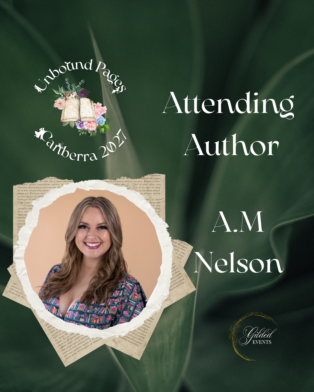 Promotional flyer for attending author A.M. Nelson at the Unbound Pages event in Canberra 2023. The flyer features a photo of A.M. Nelson, decorative elements including a book with flowers, torn paper edges, and a dark green background.