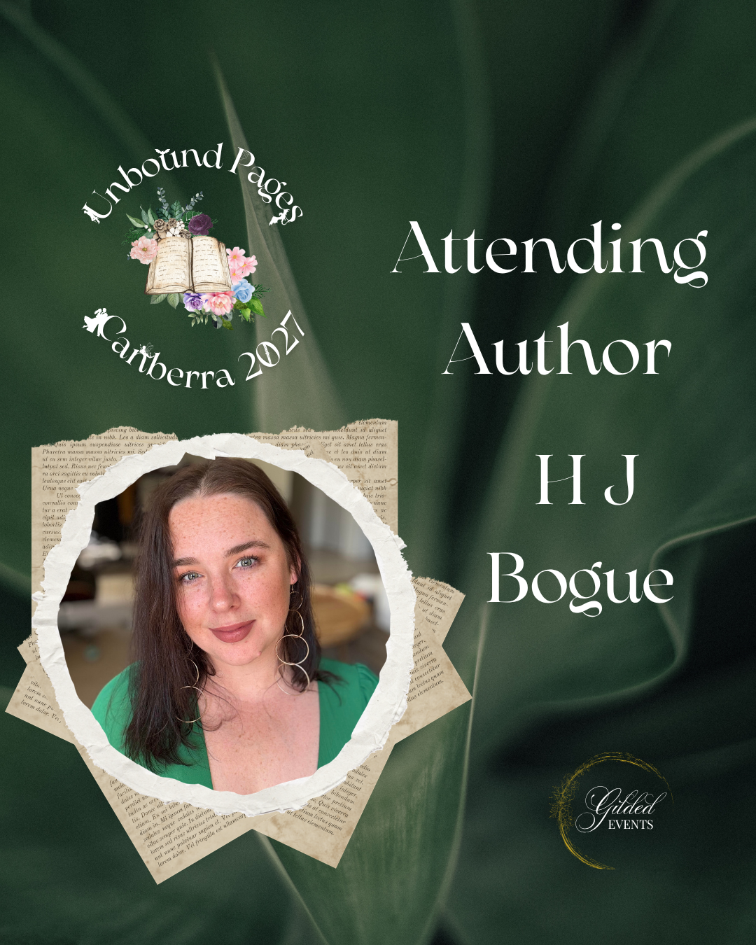 Event poster featuring a woman with dark hair and earrings, with text indicating she is an attending author, hosted by Unbound Pages at Canberra 2024, with a decorative book and flowers logo, and small printed paper background.
