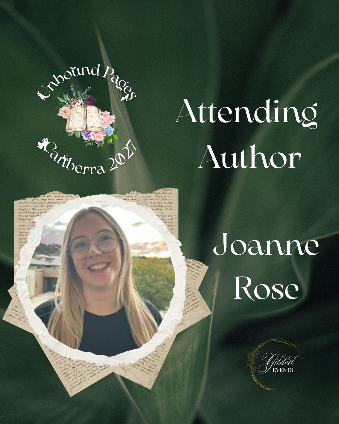 Digital design celebrating Joanne Rose, attending author event at Unbound Pages Canberra 2021, featuring a photo of Joanne Rose, floral decorations, and text.