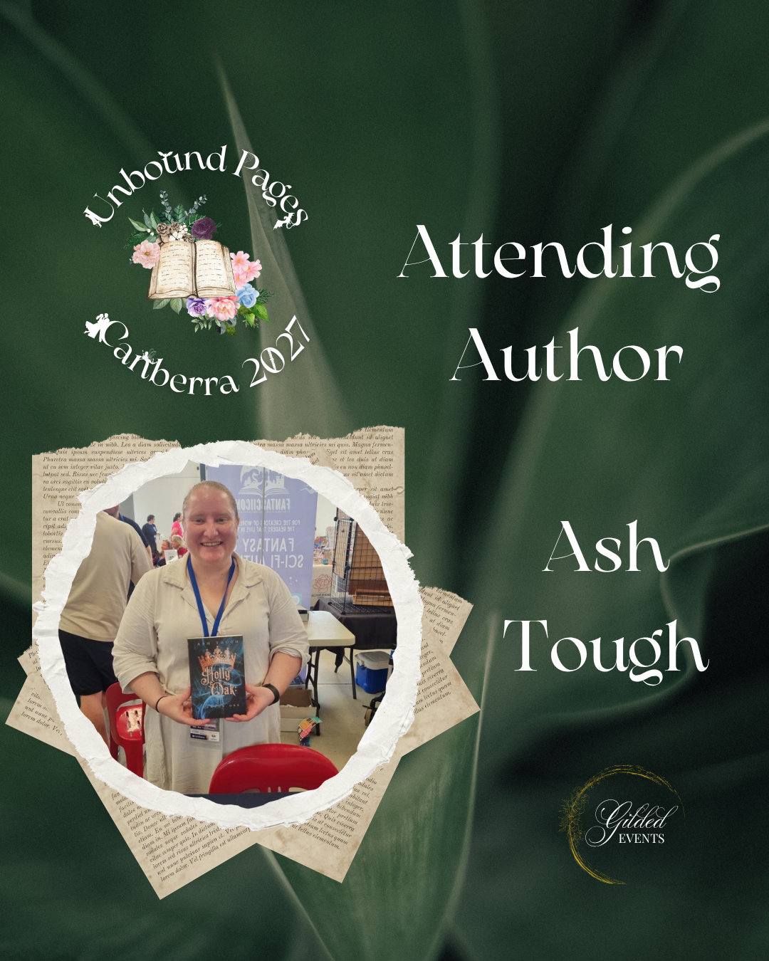 Poster celebrating a book event with a woman holding a book, surrounded by decorative paper elements, with event details indicating attendance at Unbound Pages Canberra 2023.