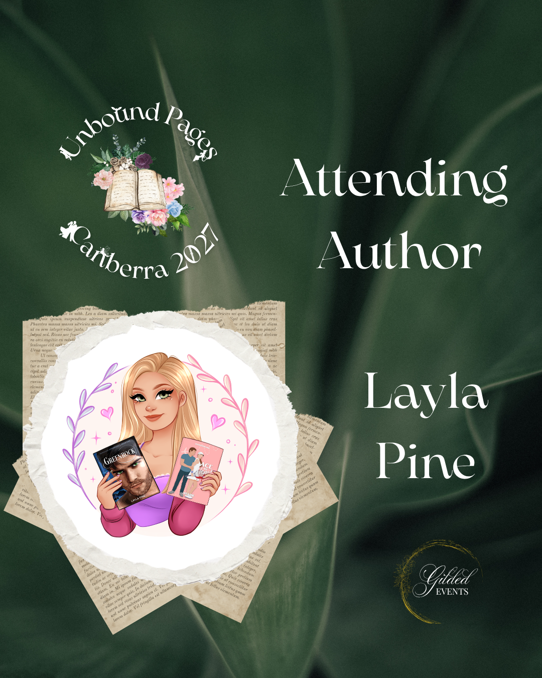 A digital illustration of a woman holding two books, one titled "Green Day" and the other "Love," with a background of torn paper and text, surrounded by a purple and pink heart wreath. The event details include 'Attending Author Layla Pine,' at 'Unb