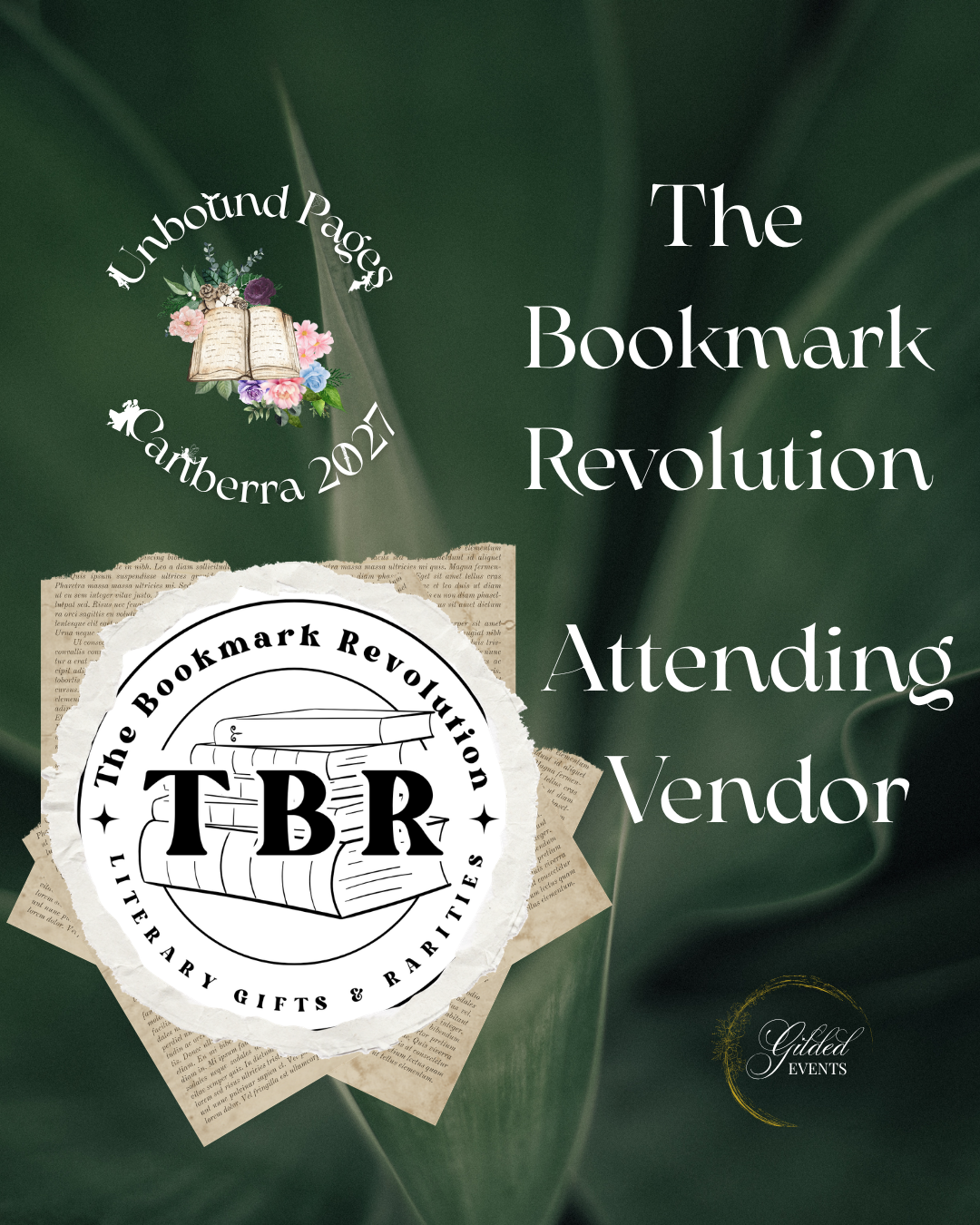 Poster for an event called 'The Bookmark Revolution,' featuring a logo with books and the initials 'TBR,' and information about an attending vendor. The background has a green leafy pattern.