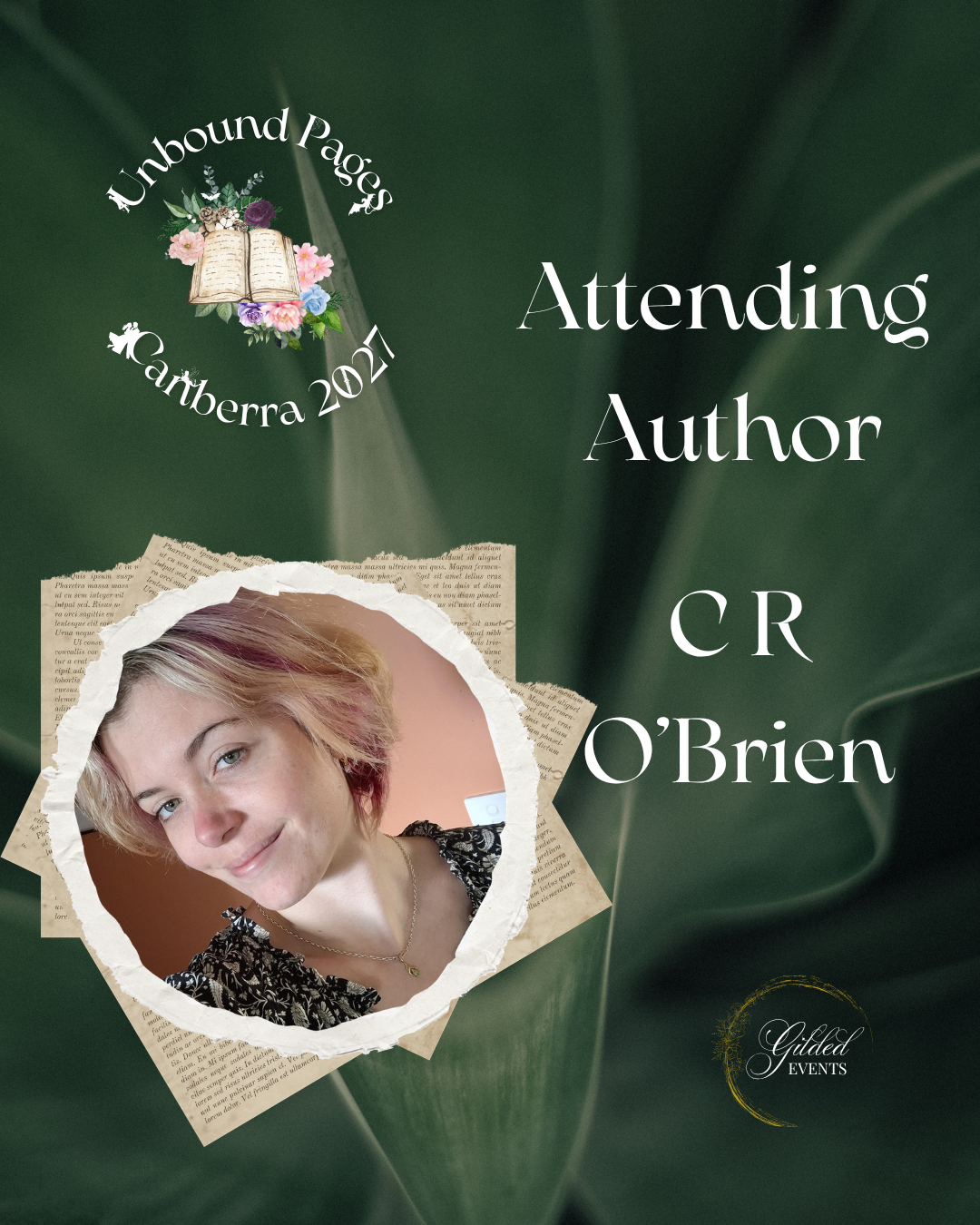Event poster for attending author CR O'Brien at Canberra 2021, with a portrait of her on a torn paper frame, green background, and decorative elements including an open book with flowers and a logo for Guidled Events.