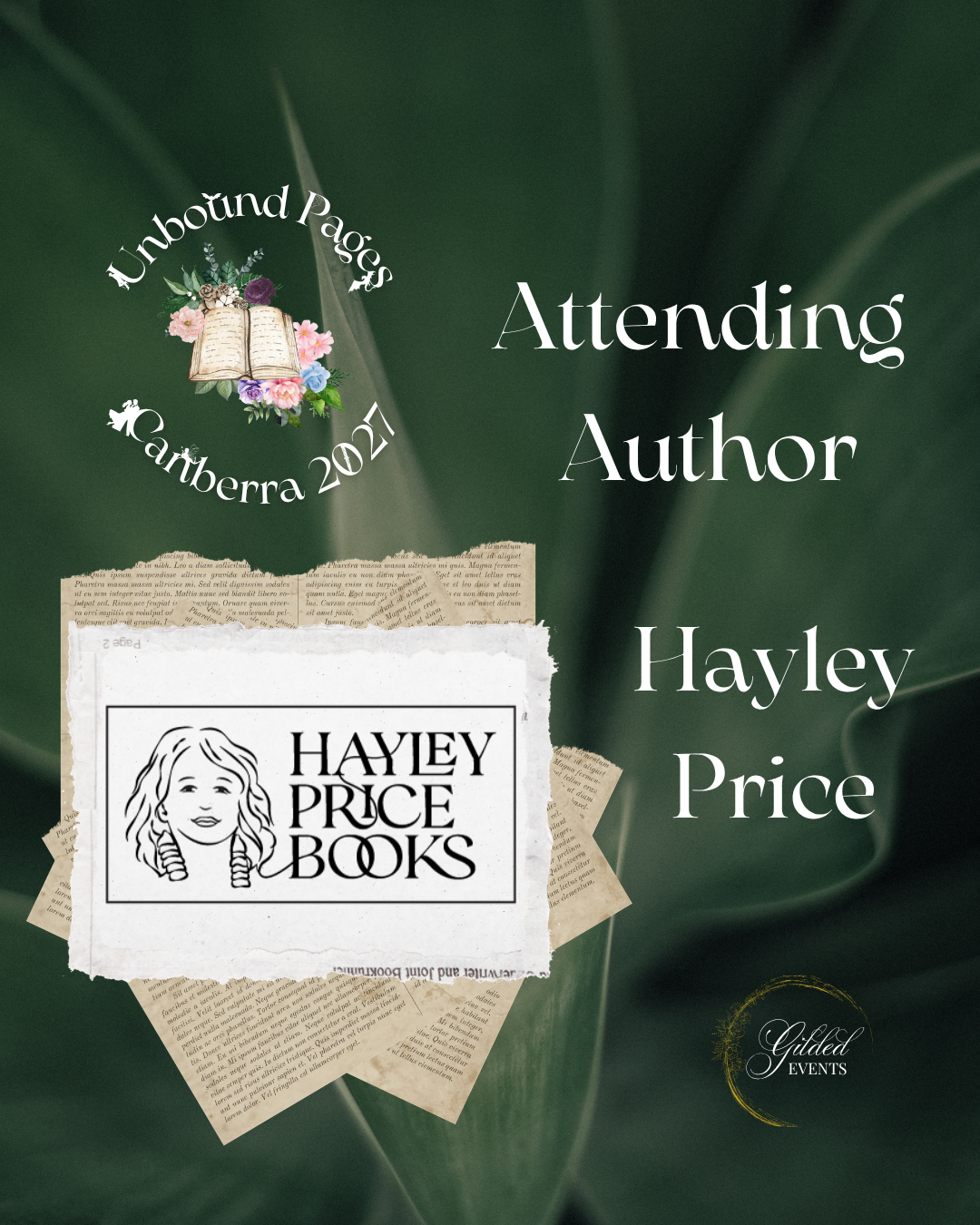 Promotional graphic for Hayley Price's book signing event at Unbound Pages, Canberra 2023, featuring her logo and a green leafy background.