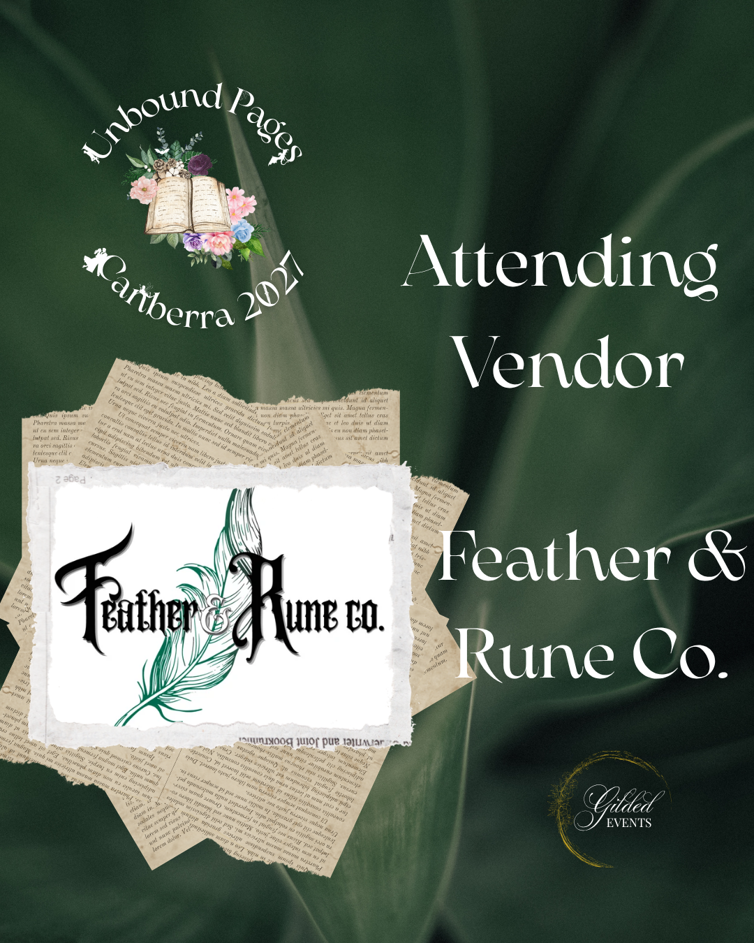 Event poster for Unbound Pages Canberra 2023, featuring a feather and rune design, with text indicating attendance as a vendor at Feather & Rune Co. and Gilded Events.