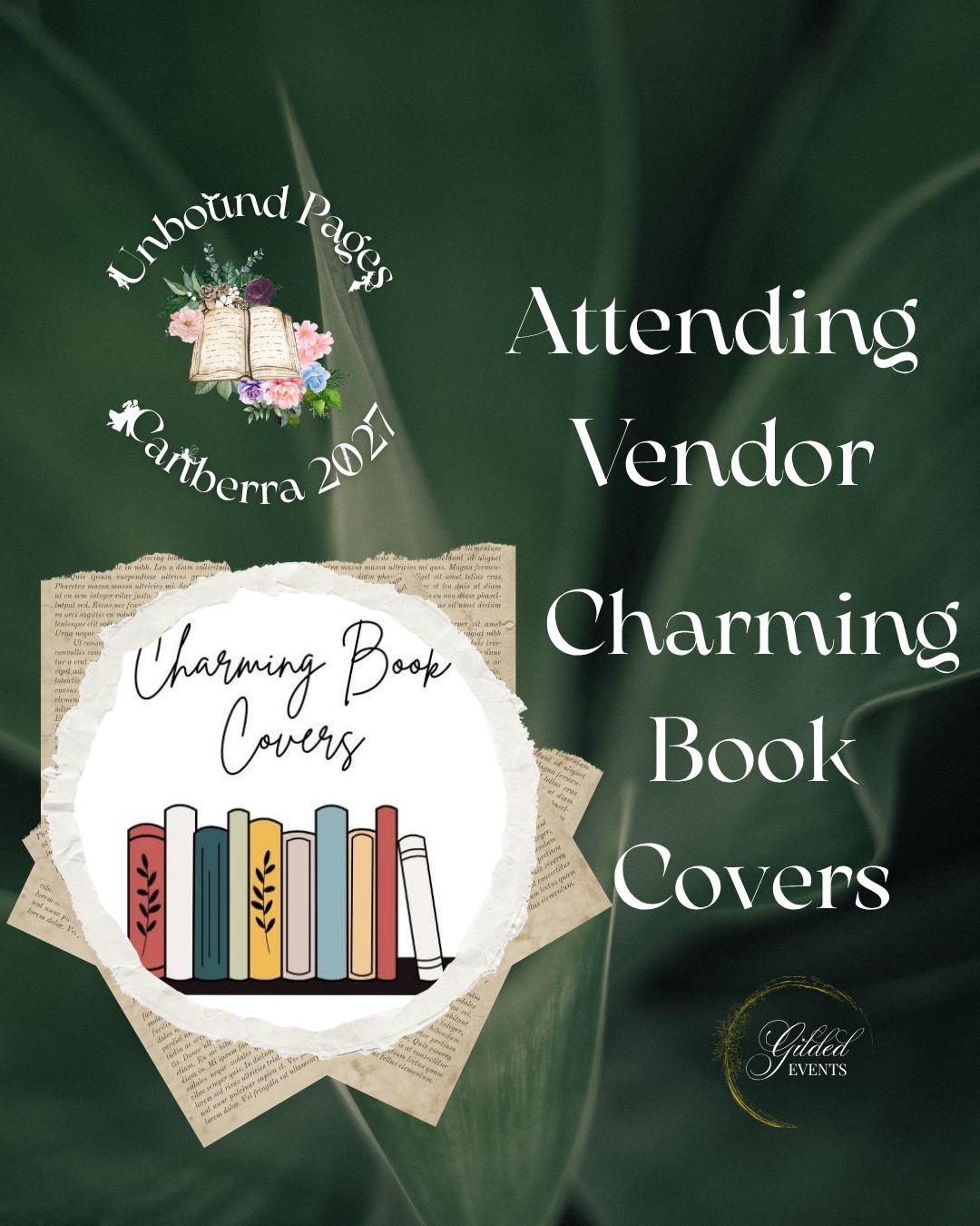 Promotional graphic for Unbound Pages Canberra 2024 event featuring book covers, floral design, and elegant text styles.