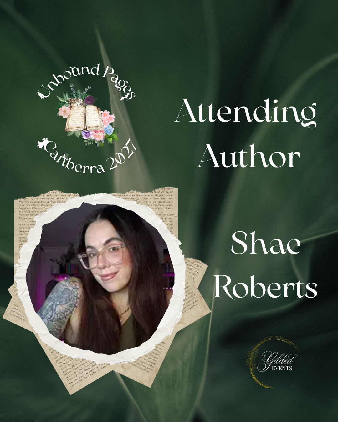 Invitation graphic for attending author Shae Roberts at the Unbound Pages event in Canberra 2024, featuring a portrait of Shae Roberts, floral and book imagery, and event details.