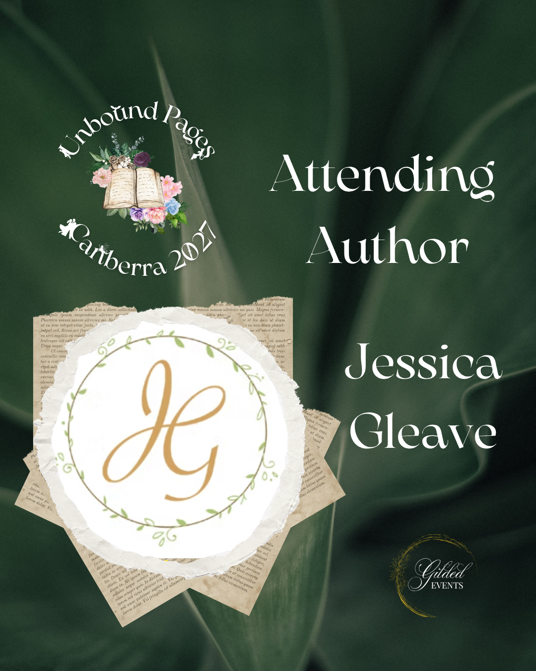 Event poster for Unbound Pages Canberra 2023, featuring an open book surrounded by flowers, with the initials 'JG' in a decorative circle, and text indicating attendance of author Jessica Gleave at a literary event.