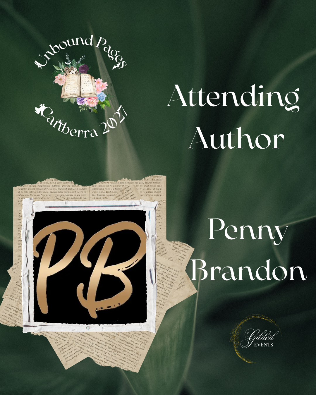 Event poster for Unbound Pages Canberra 2021, with an open book surrounded by flowers, announcing Penny Brandon as an attending author and featuring a logo with initials P and B.