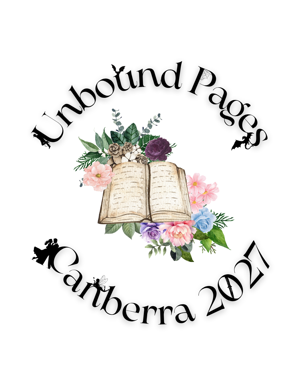 Open book surrounded by colorful flowers and green leaves, decorated with a small black butterfly above.