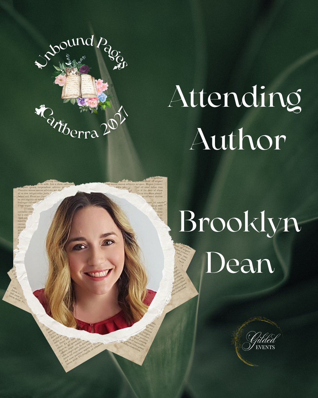 Event certificate for Brooklyn Dean, author attending Unbound Pages Canberra 2021, with a photo of Brooklyn Dean, floral and booker-themed design elements on a dark green background.