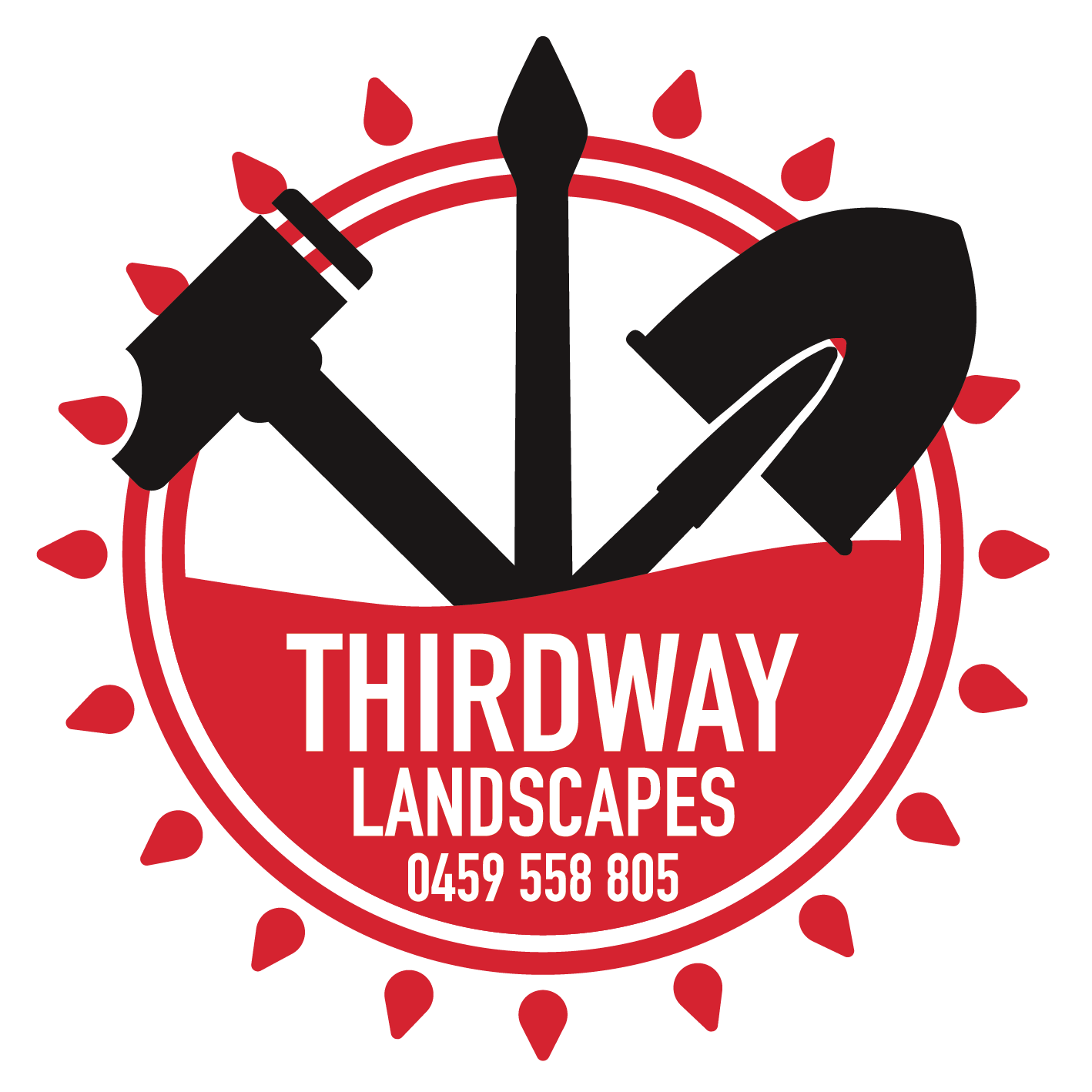 Logo for Thirdway Landscapes featuring three black garden tools (spade, trowel, and rake) centered within a red circle bordered with petal-like shapes, with the company name and phone number in white text.