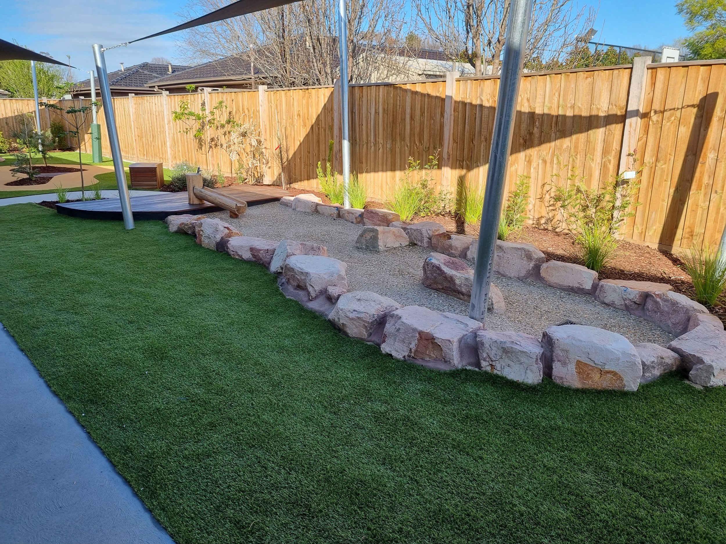 A backyard garden with a wooden fence, a grassy area, a rock-bordered pathway, small plants, and trees, with a clear blue sky overhead.