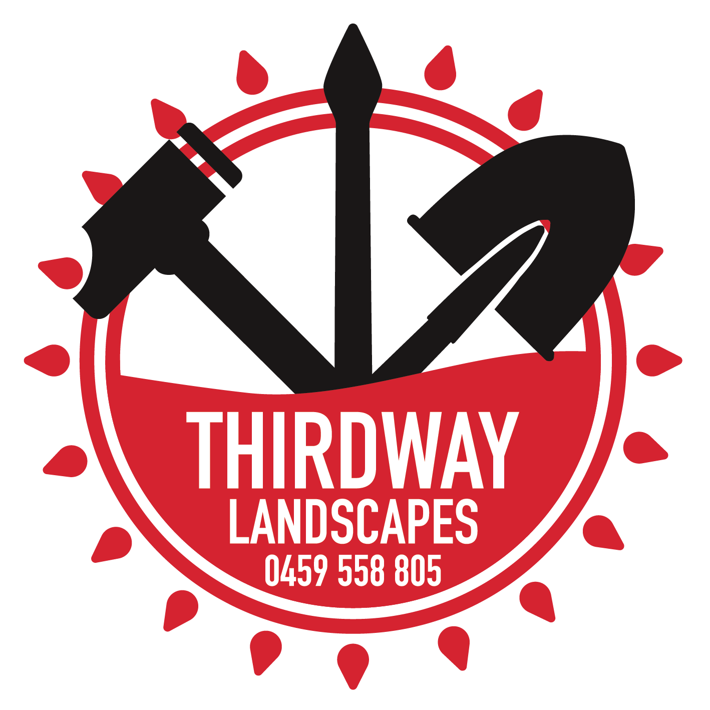 Logo for Thirday Landscapes featuring black yard tools, a shovel, a rake, and a spray gun, with a red circular background and red petal-like accents, and the phone number 0459 558 805.