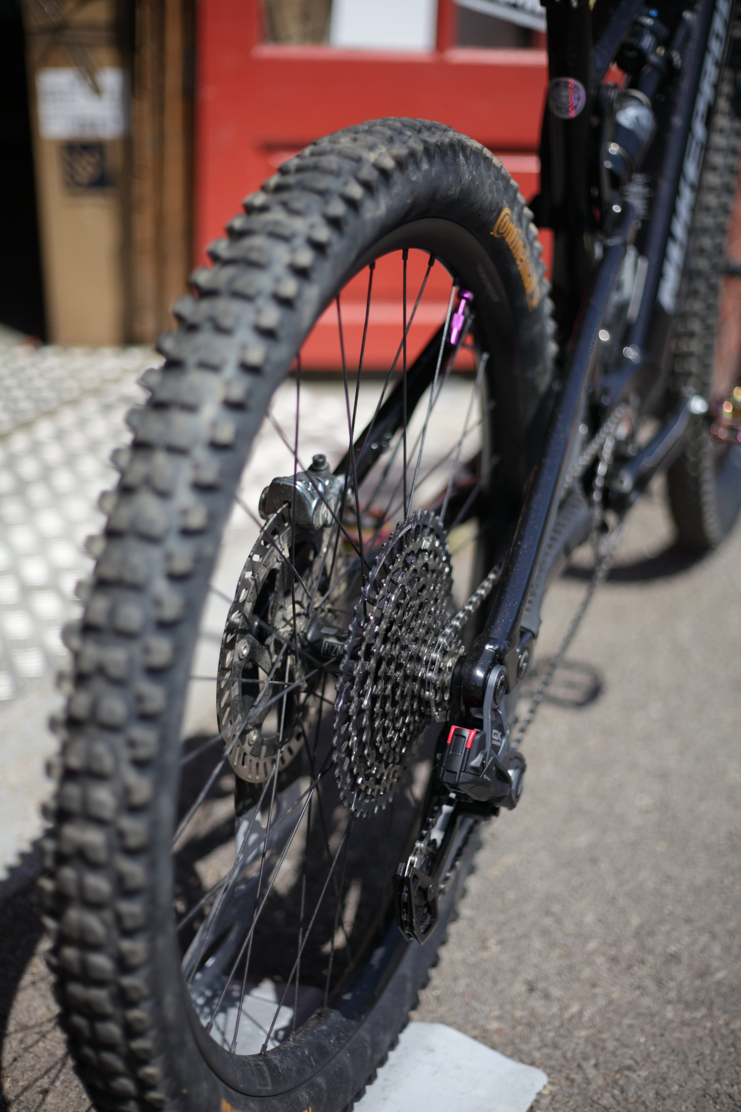 Close-up of a black mountain bike with knobby tires, focus on the rear wheel and gear cassette, with a red door and workspace in the background.