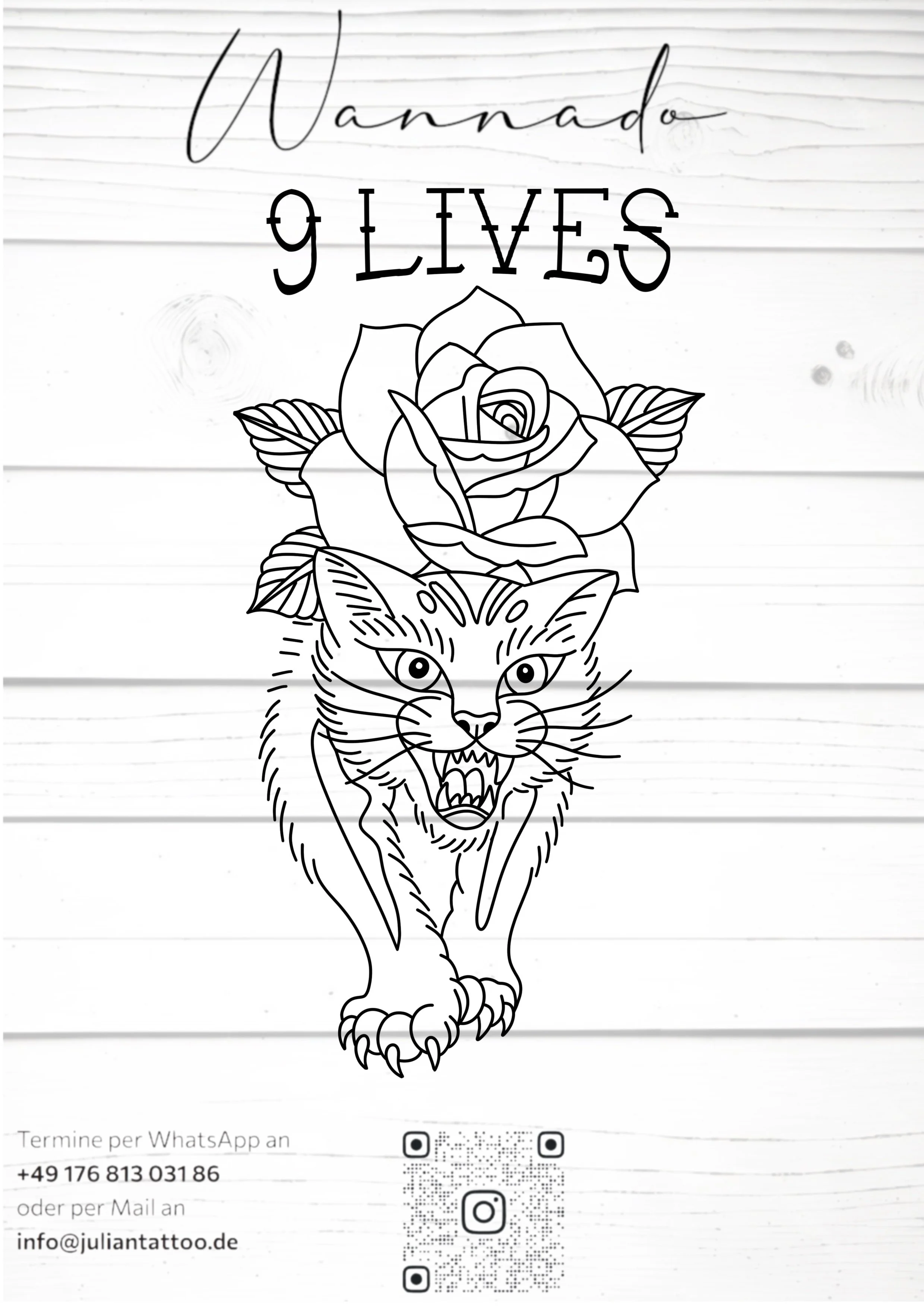 Schwarz-weiße Zeichnung eines Tigers mit einem Rosenstrauß auf dem Kopf, oben der Text 'Wannado G L V E S' in verschiedenen Schriftarten, darunter Linien und Bequemlichkeit, auf holzähnlichem Hintergrund.