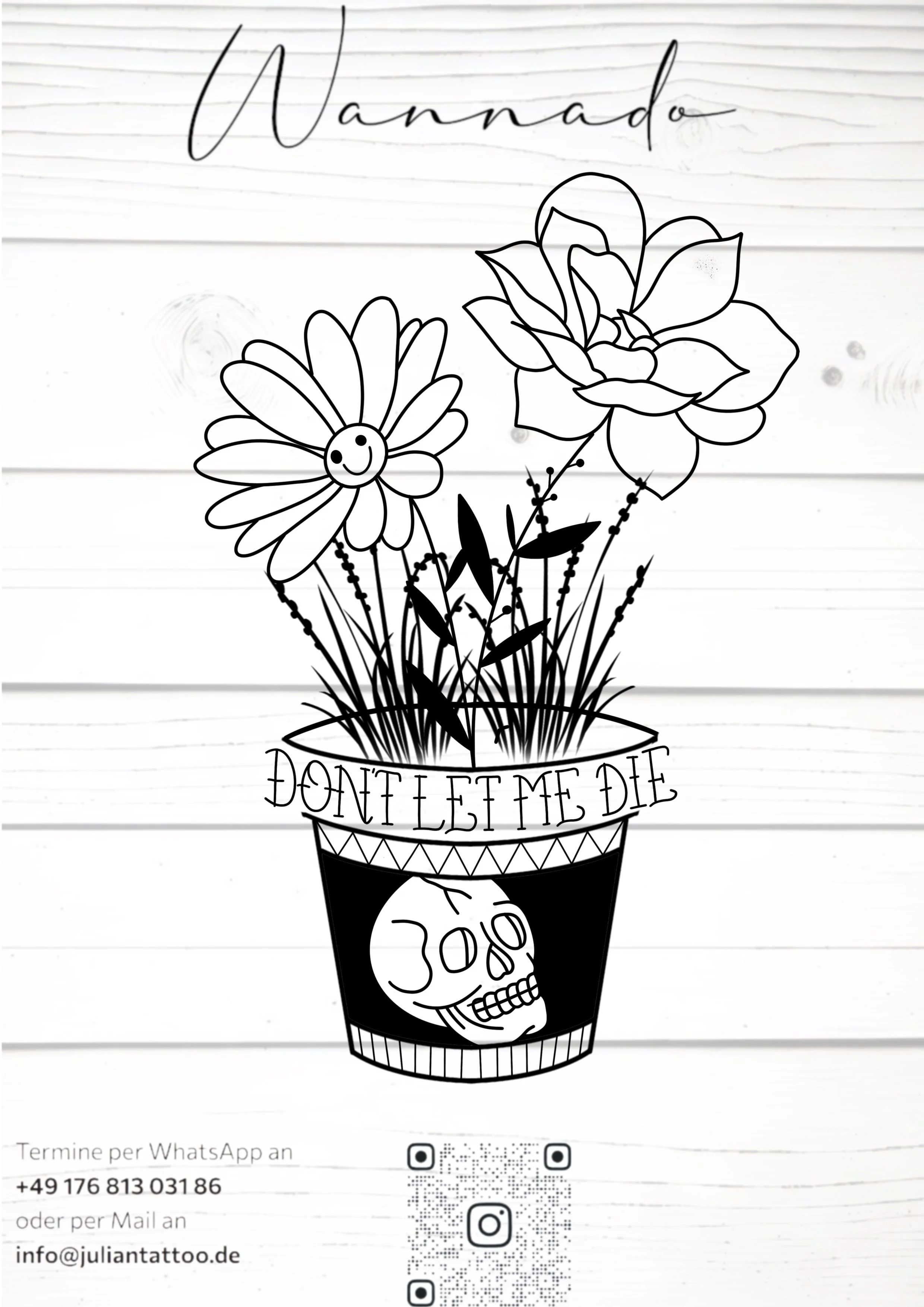Schwarz-weiß Illustration eines Blumentopfes mit einer Blumendekoration und einem Totenkopf mit der Aufschrift 'Don’t Fret Me Die'.