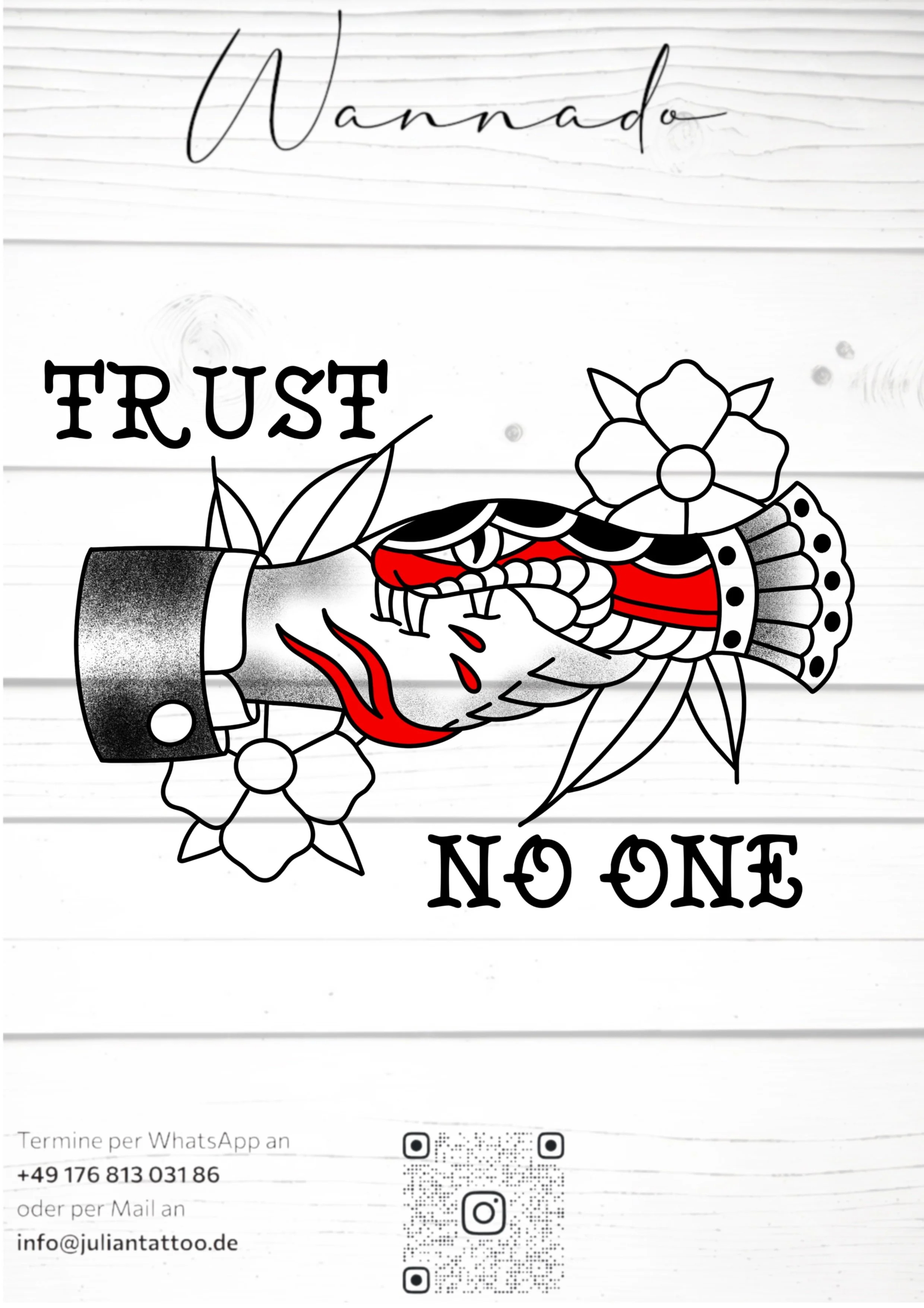 Ein Tattoo-Design mit chinesischem Drachen, Blumen und Schriftzügen "Nannado", "TRUST" und "NO ONE" in Schwarz und Rot auf weißem Hintergrund.