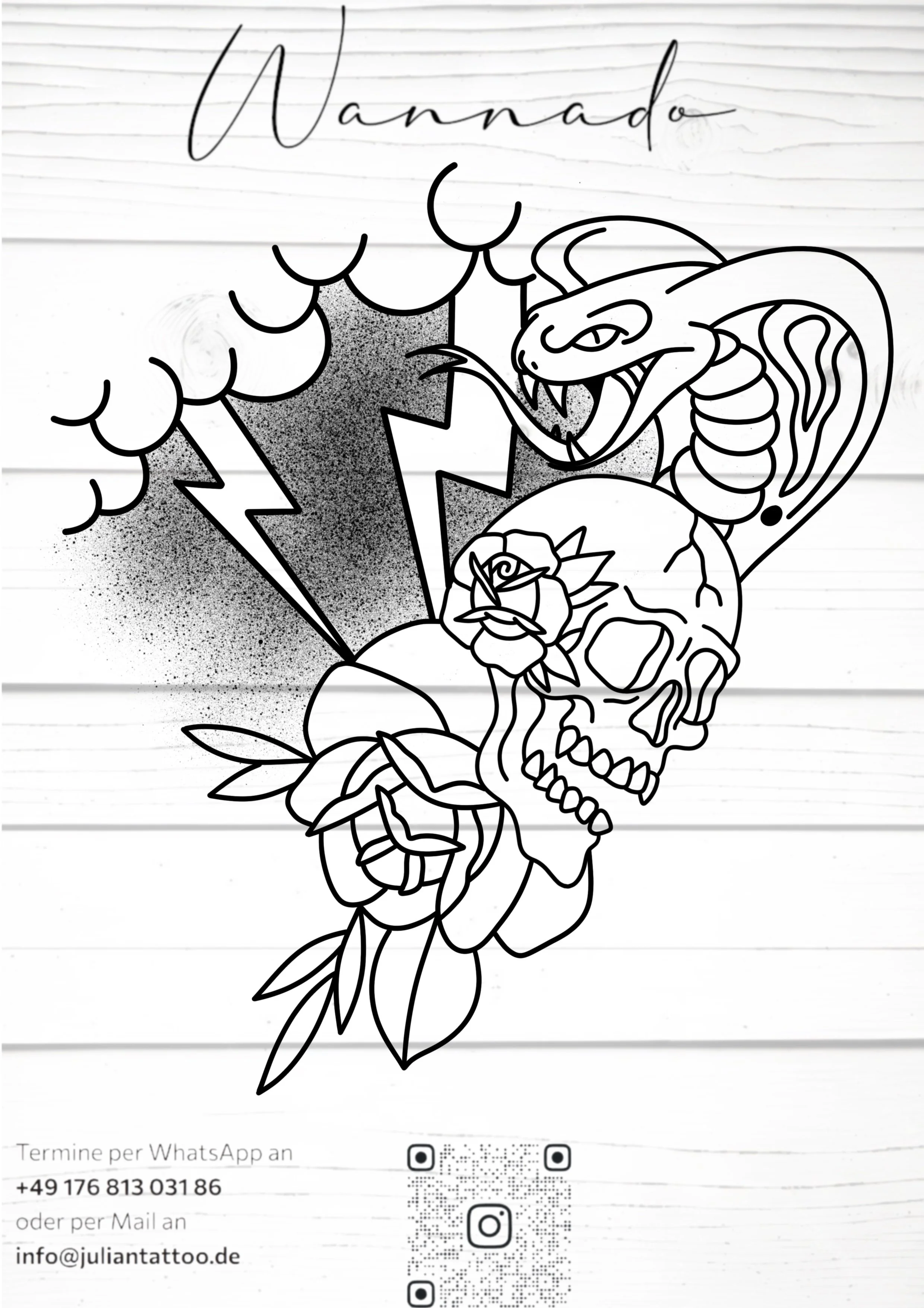 Schwarz-weiß Tattoo-Design mit Drache, Rose, Blättern, Wolken und Blitzen auf linierten Papier. Oben Text 'Wannado' in Schreibschrift.