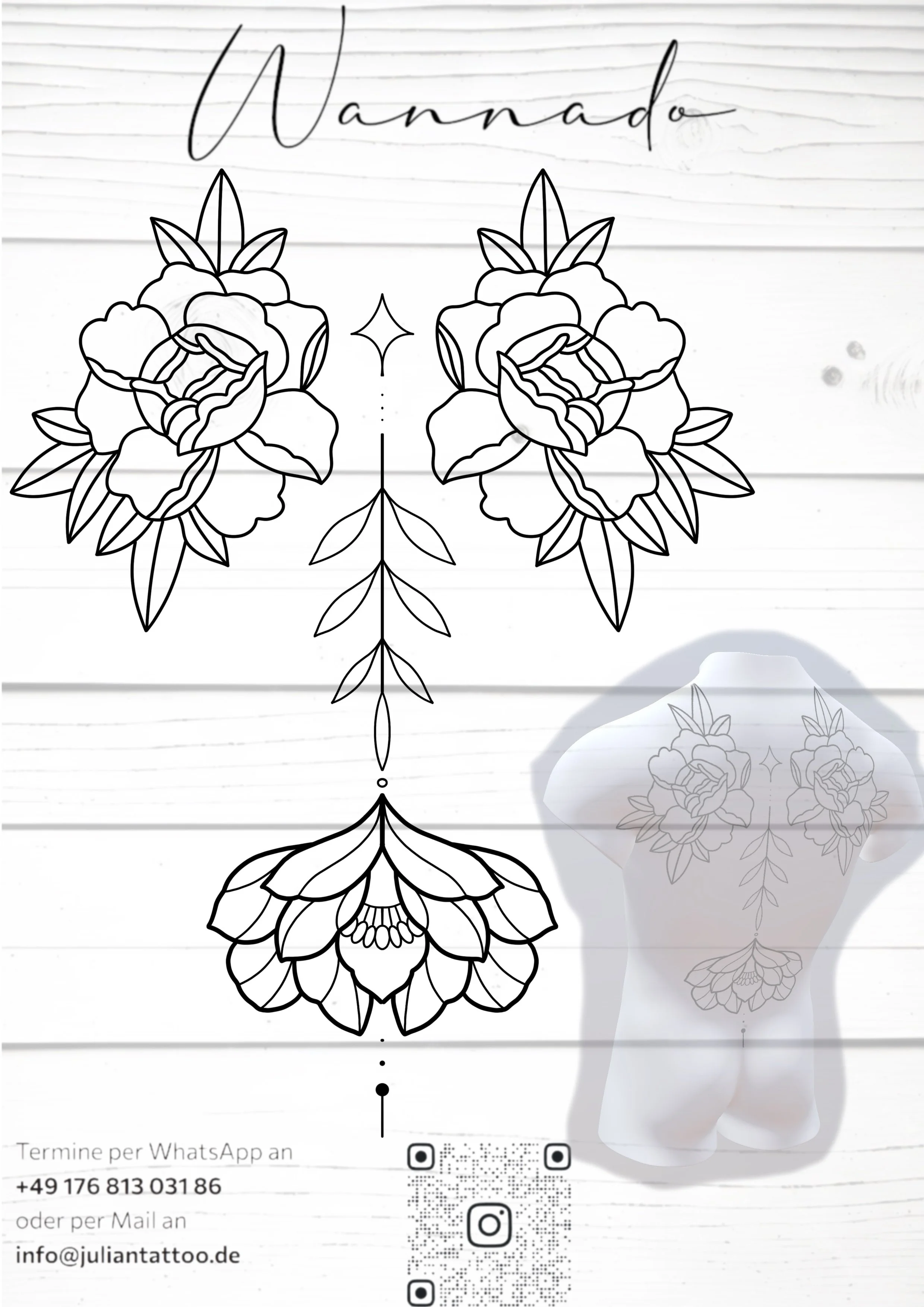 Schwarz-weiße Tattoo-Design mit Blumen und einem Schmetterling, das den Namen 'Wannado' trägt, auf holzähnlichem Hintergrund.