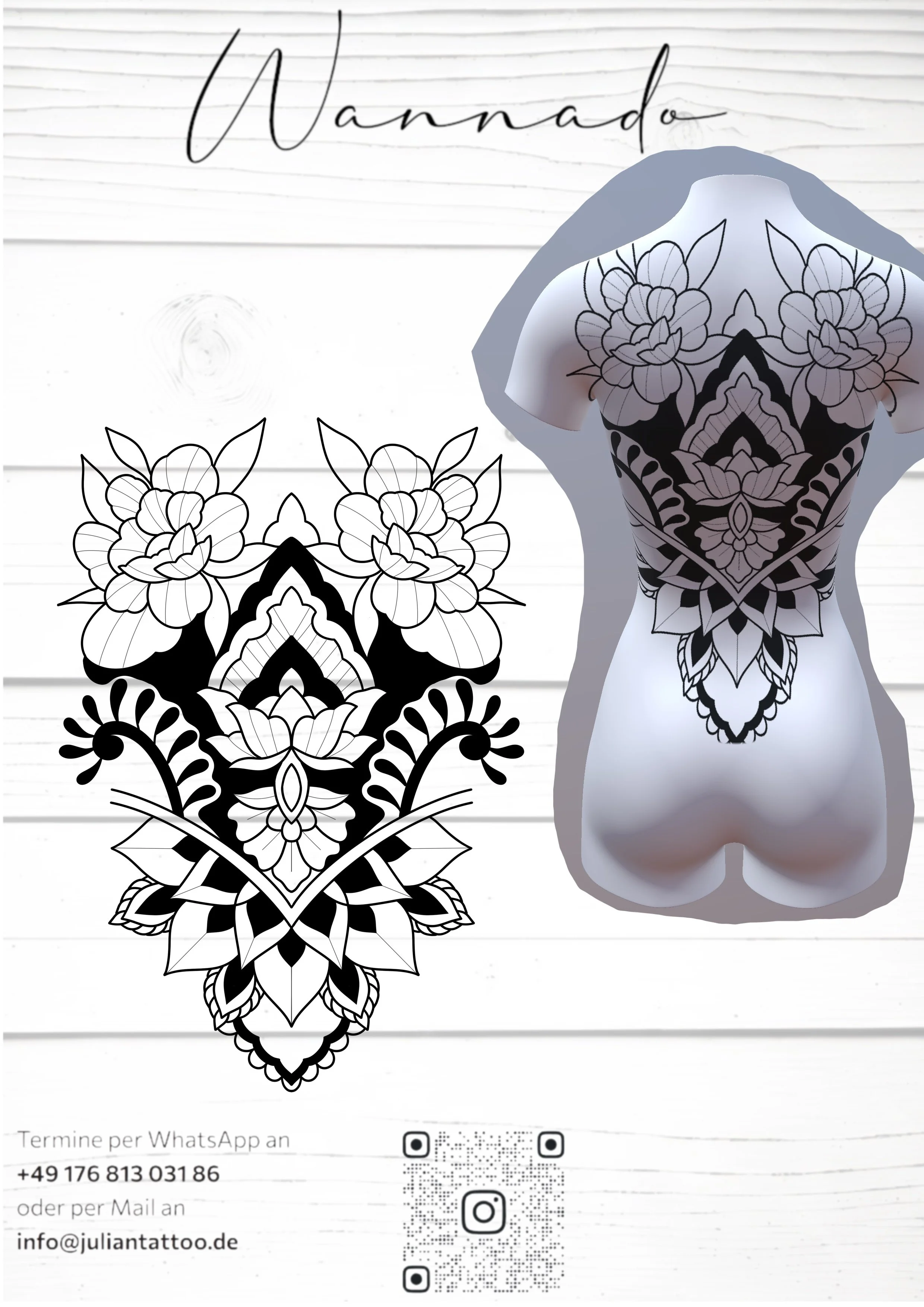 Visitenkarte mit Tattoo-Design, der Name 'Wannado' im Hintergrund, Kontaktdaten und QR-Codes.