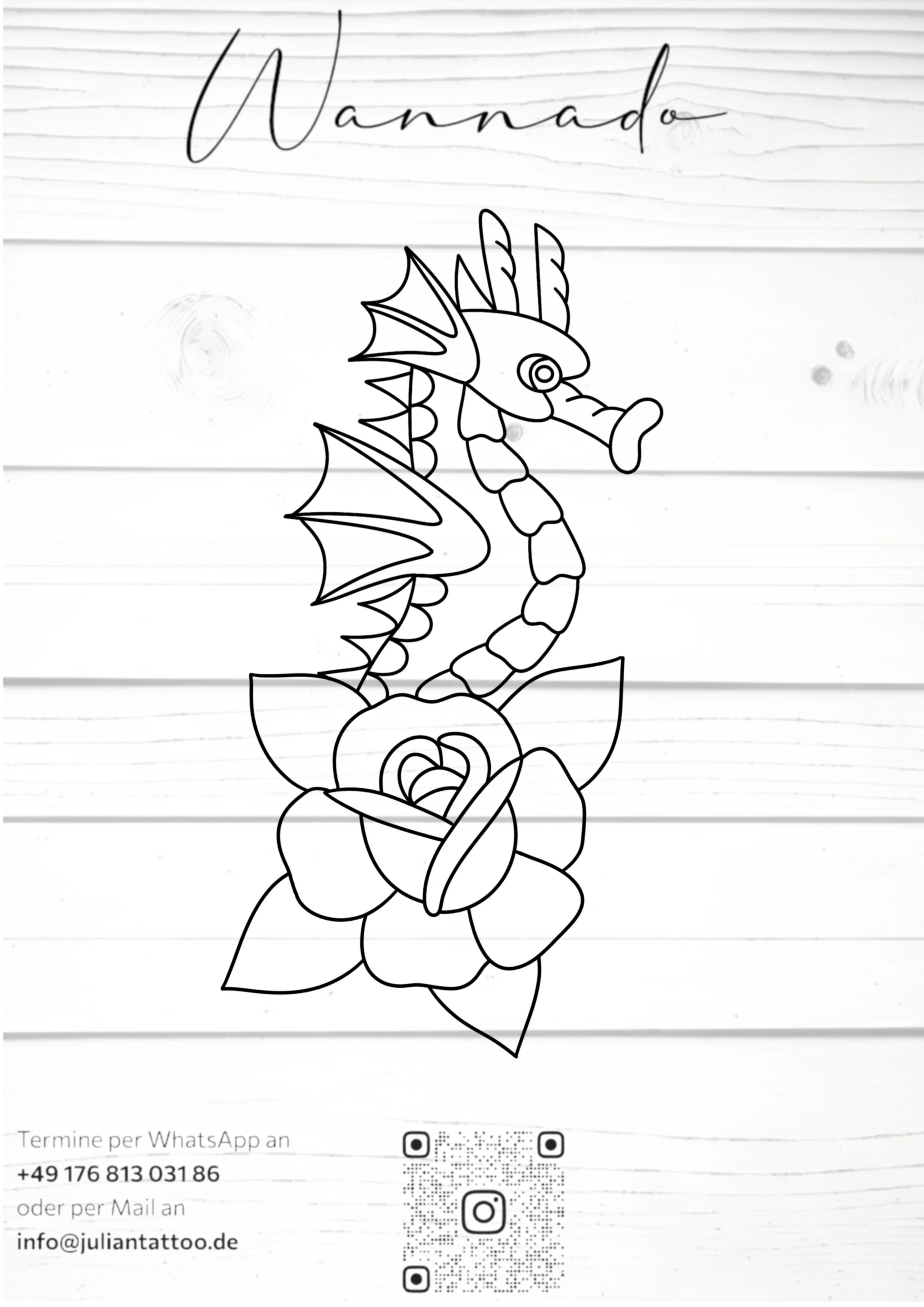 Schwarz-weiß Tattoo-Design eines Fisches mit Flossen, das auf einer Blume sitzt, mit dem Schriftzug 'Wannado' oben.