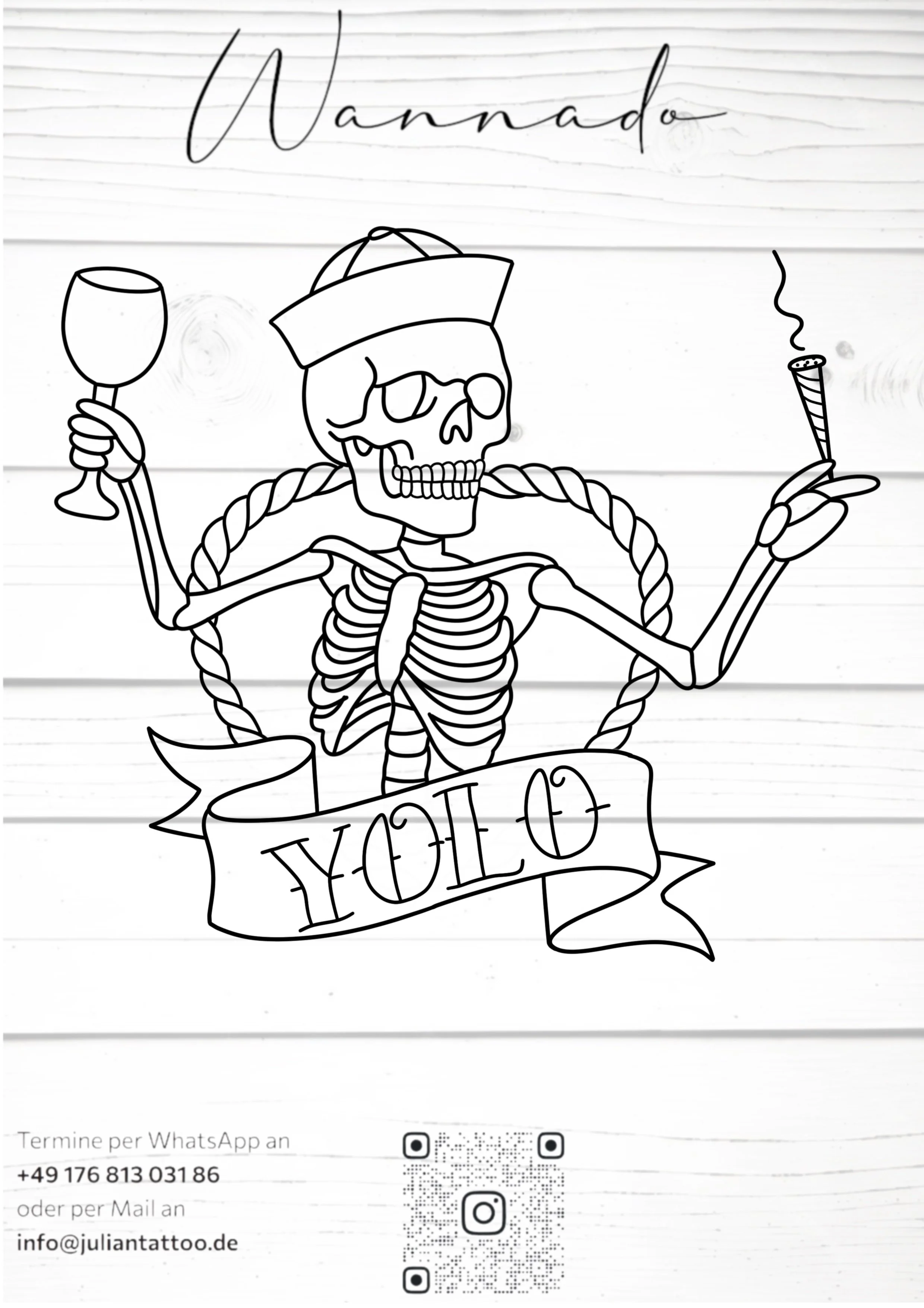 Schwarz-weiß-Zeichnung eines Skeletts, das eine Weintraube in der linken Hand und eine Zigarette in der rechten Hand hält, mit einem Band darunter, auf dem die Wort "FOTO" steht, und einem Textbereich mit Kontaktinformationen darunter.