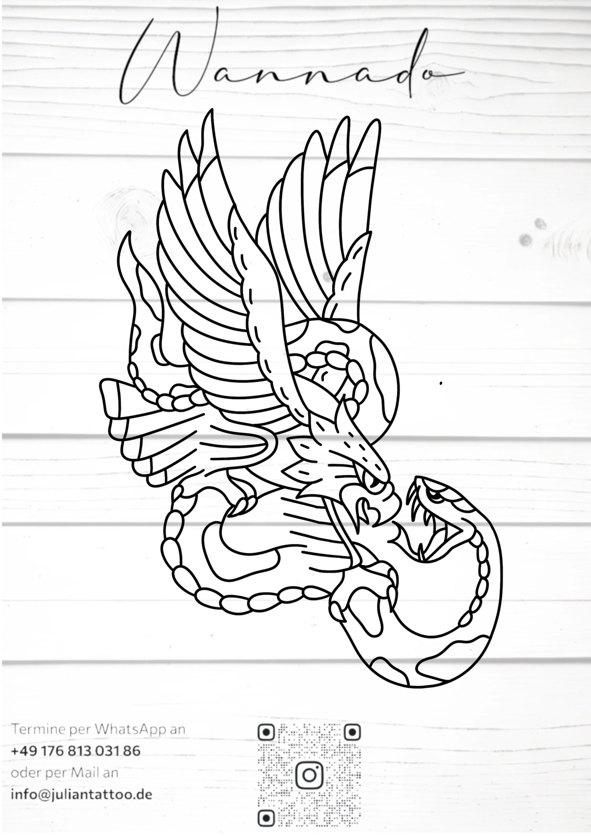 Schwarz-weiße Tattoo-Design eines Adlers auf einem weißen Holz-Hintergrund, mit Text »Wannado« an der Spitze und Kontaktinformationen am unteren Rand.