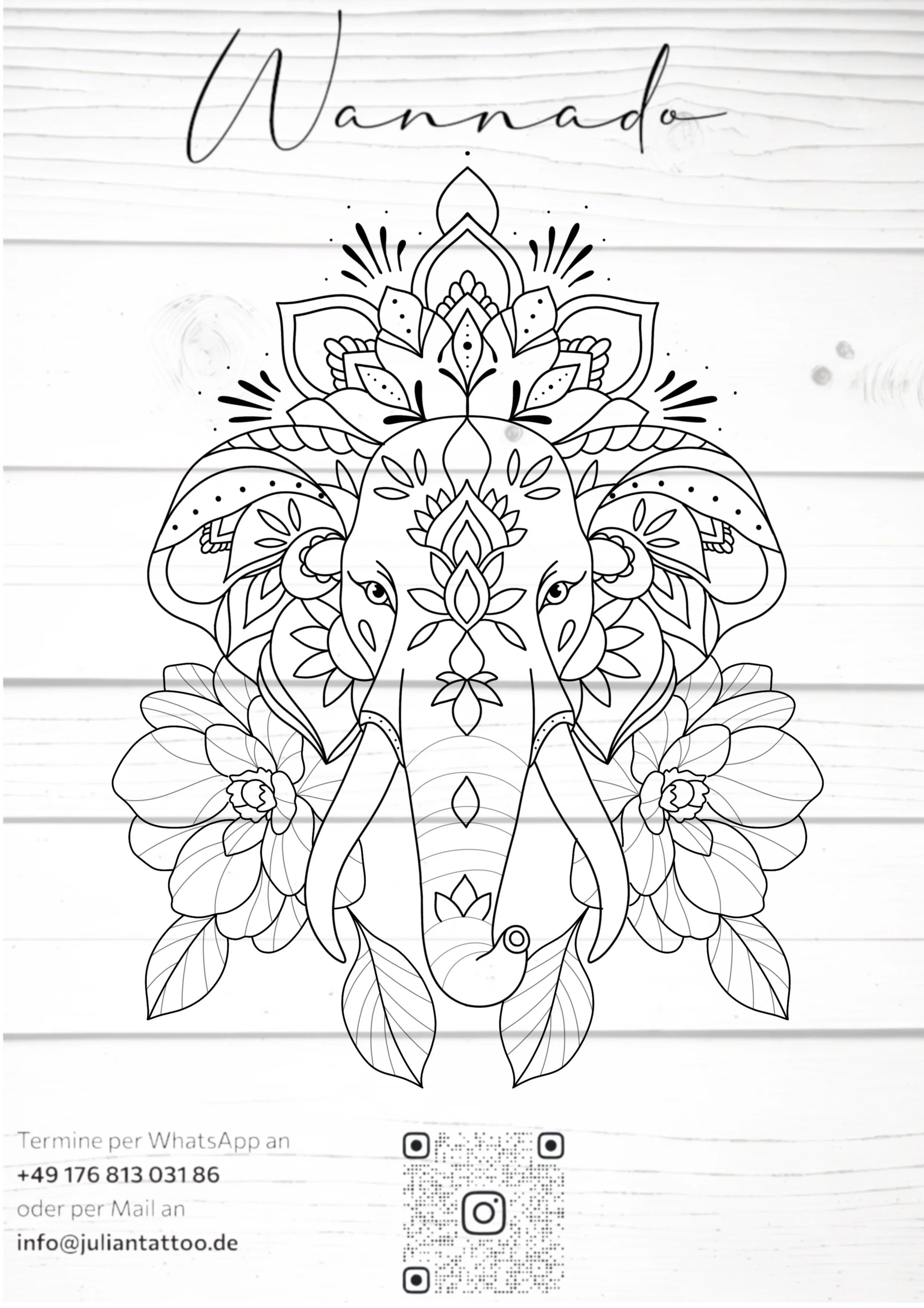 Schwarz-weiß Malvorlage eines Elefanten mit Mandala-Muster, verziert mit Blumen und Blättern.