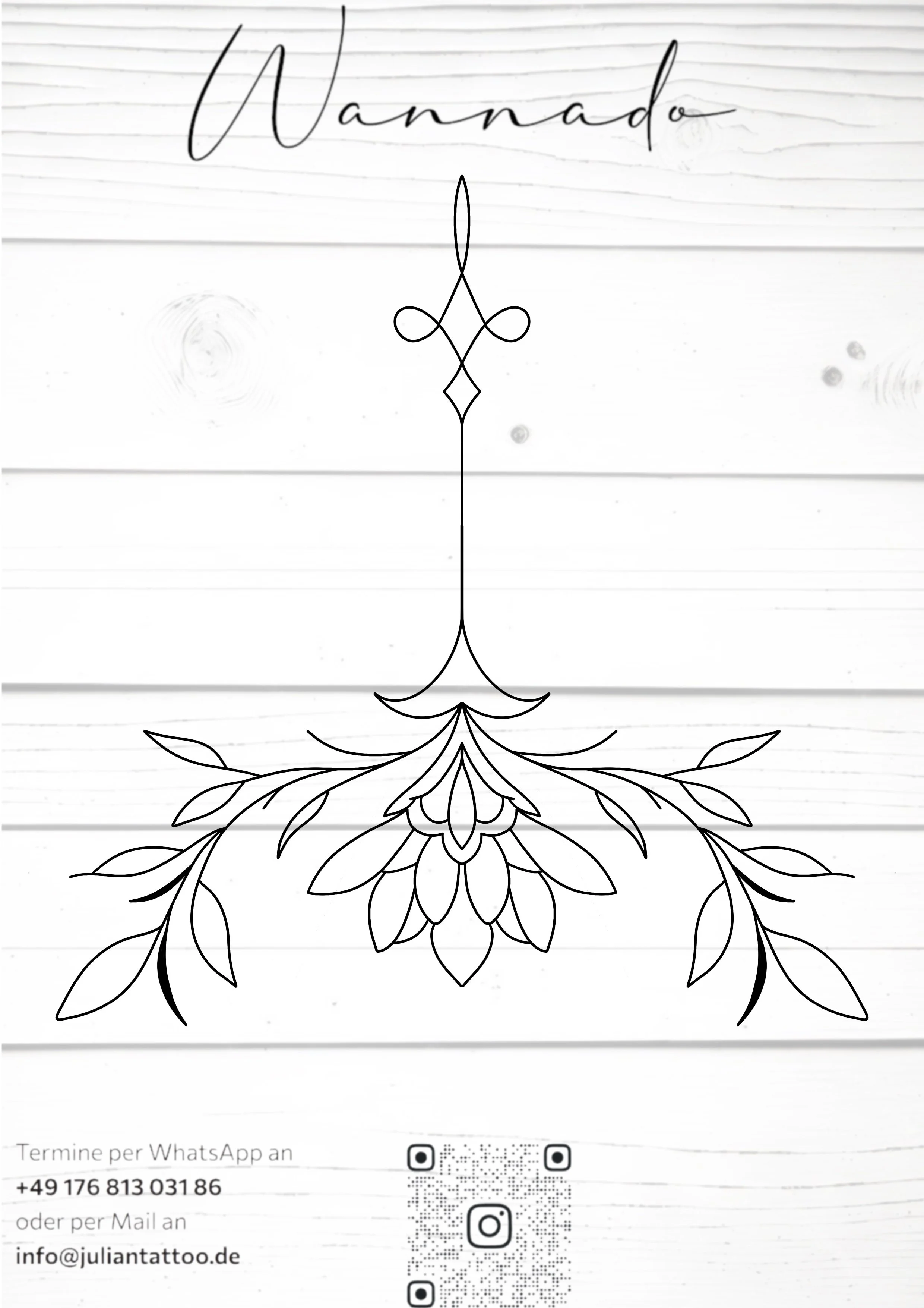 Schwarze Linienzeichnung mit floralem Design, Schriftzug 'Wannado' und Kontaktdaten auf weißem Hintergrund.