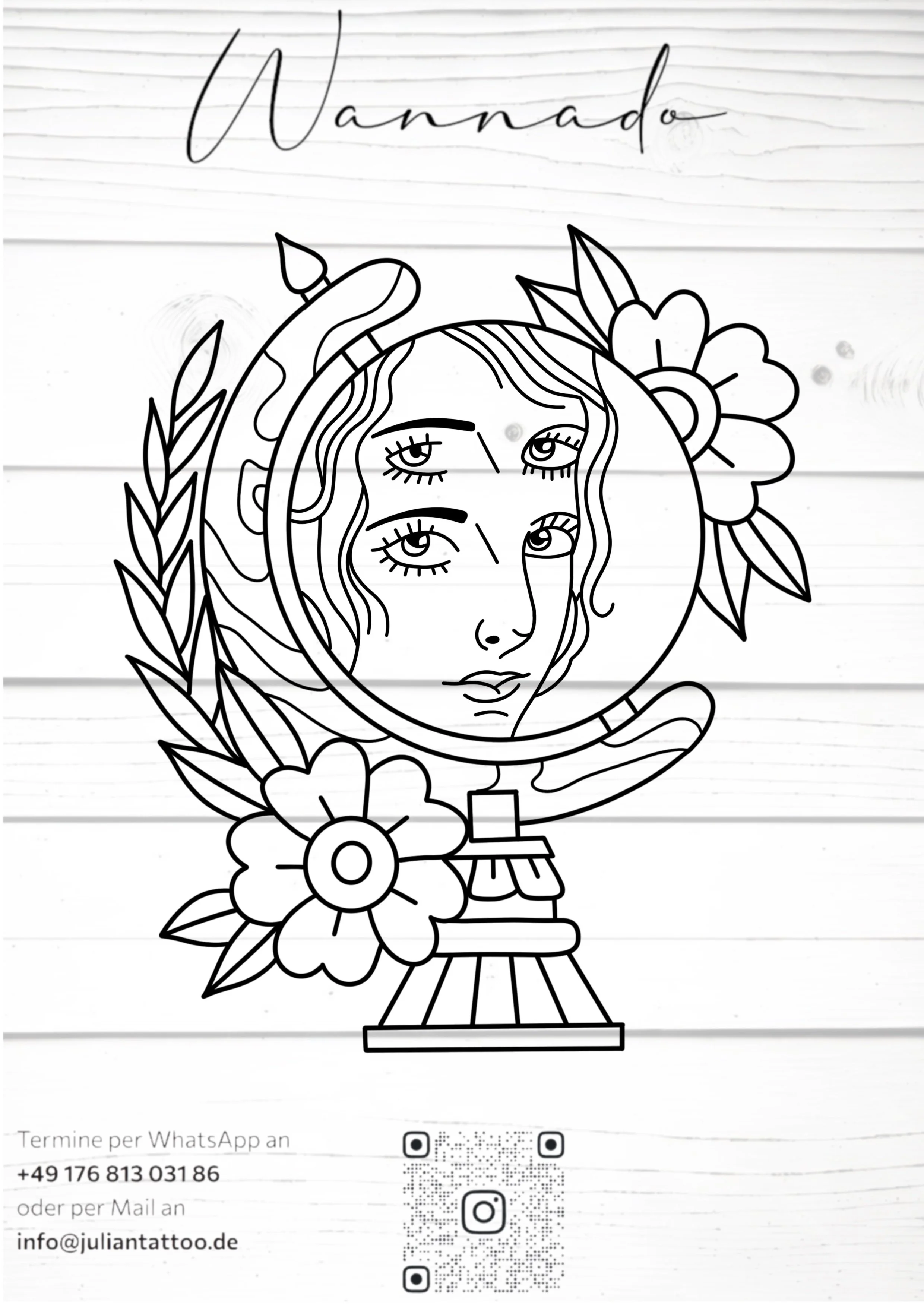 Schwarz-weiße Illustration eines menschlichen Gesichts, umgeben von Blumen, mit der Aufschrift 'Wannado' an der Spitze.