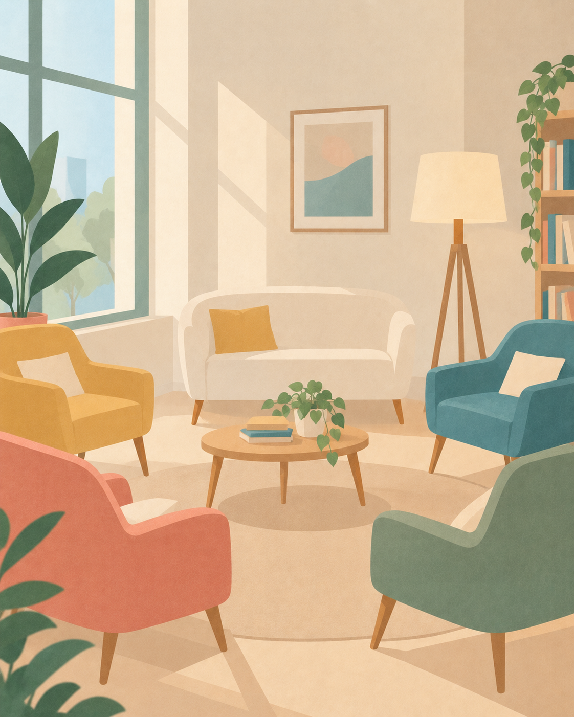 Illustration of a cozy living room with a large window, colorful armchairs, a white sofa, a wooden coffee table with books and a plant, a framed artwork, a floor lamp, and a bookshelf with plants.