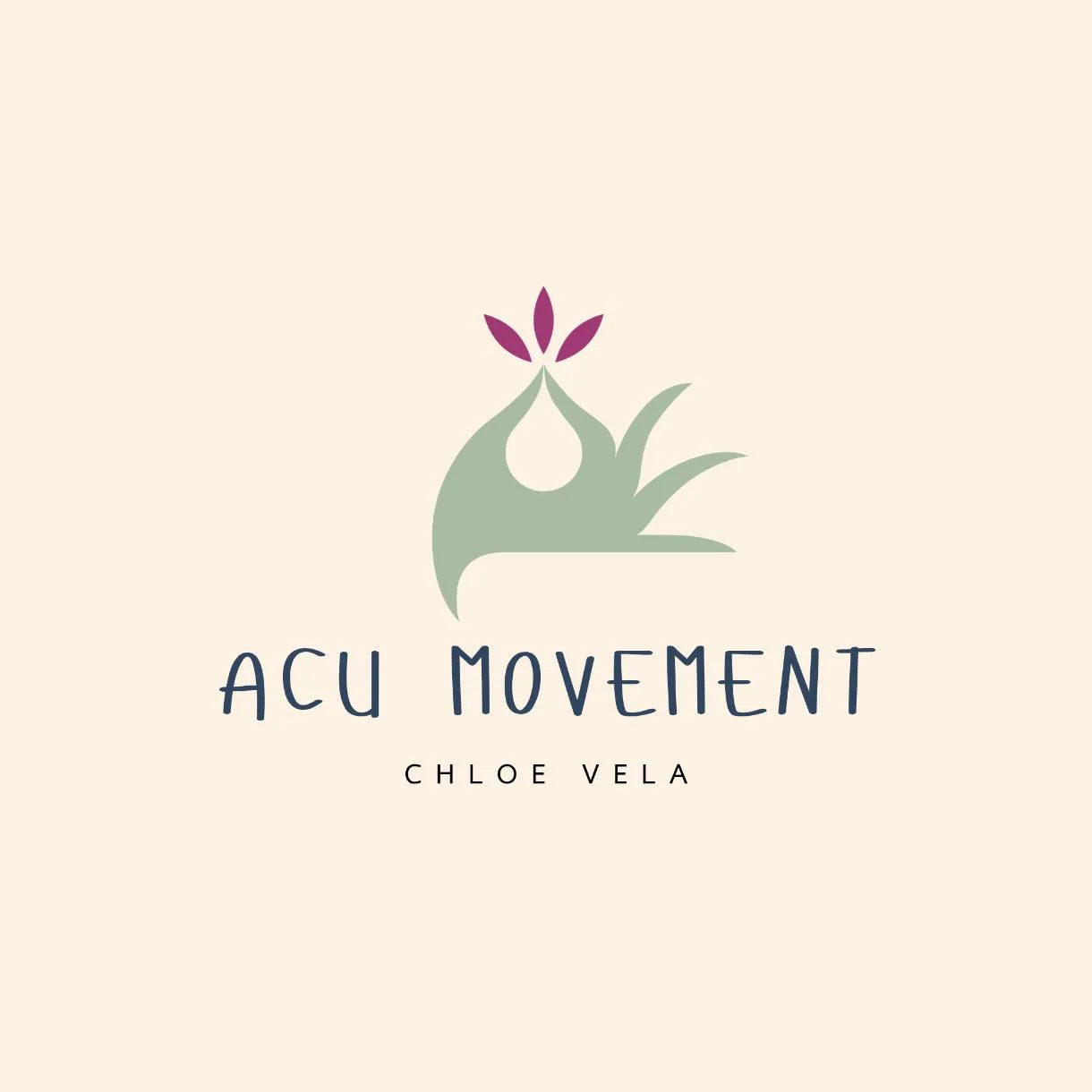 A beige background with a minimalist logo of a stylised hand holding a leaf representing an acupuncture needle, and text that reads "ACU Movement" and "Chloe Vela."