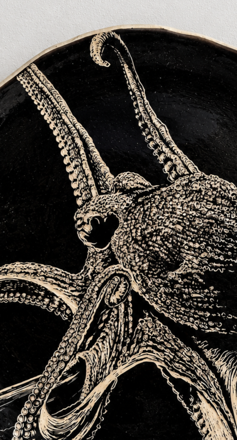 Close-up of a black and beige artistic illustration of an octopus, showing detailed tentacles and head.