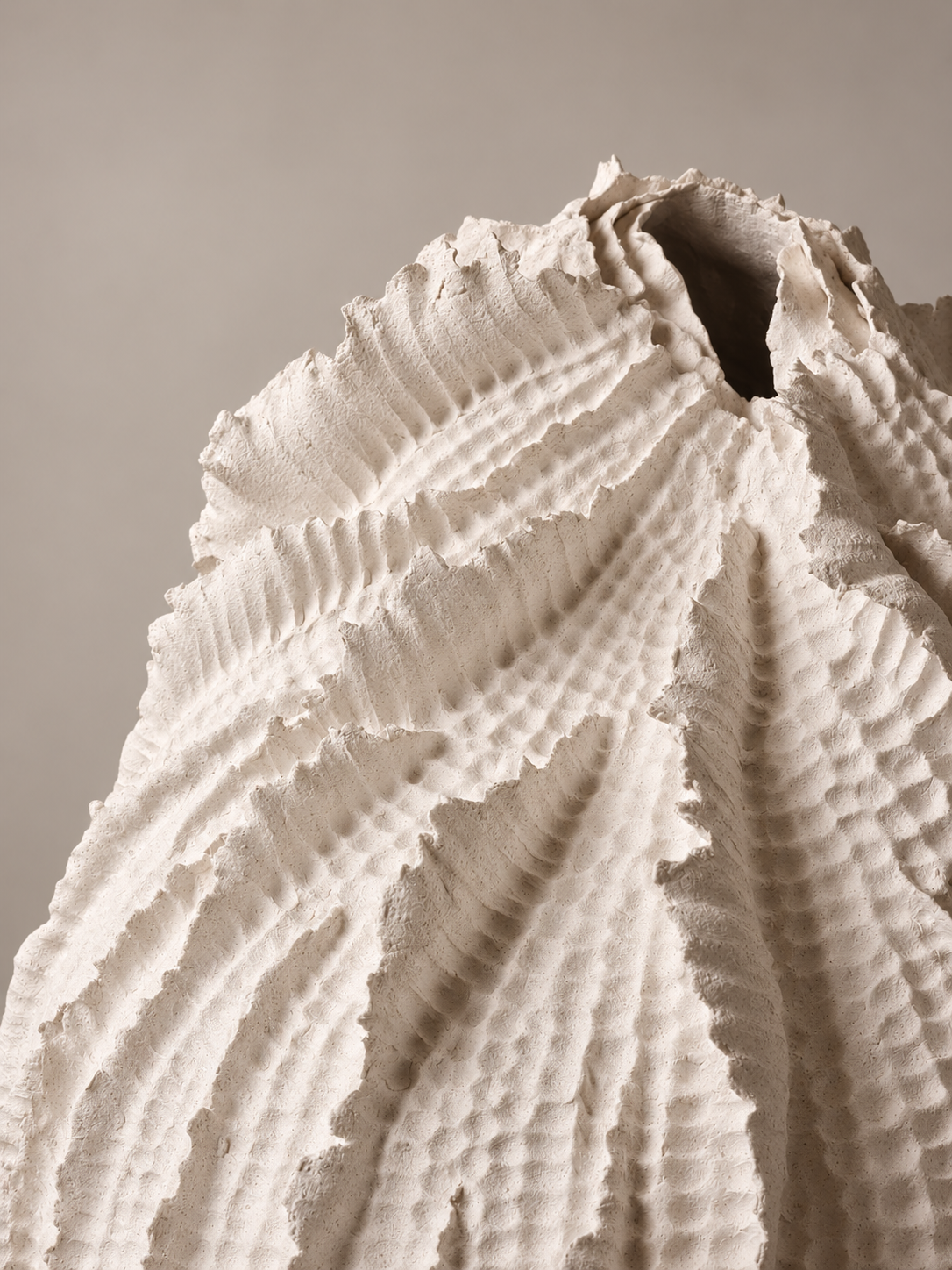 Close-up of a large white vessel with textured ridges and intricate patterns.