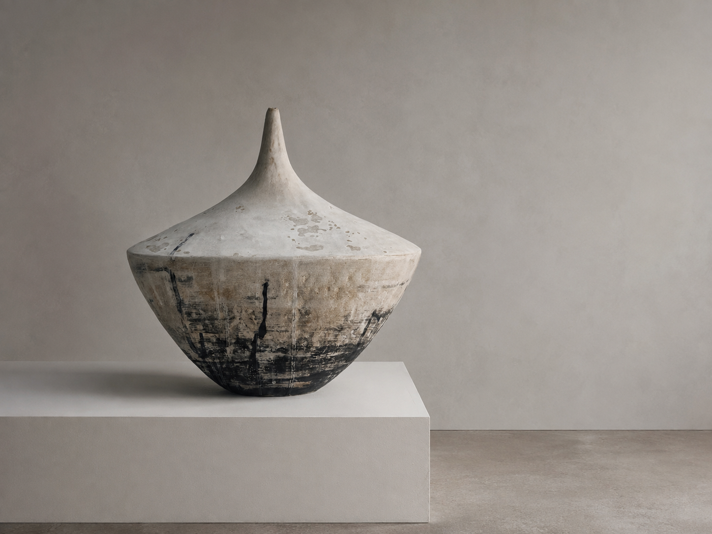 A large, abstract ceramic sculpture with a pointed top, displaying a weathered, textured surface with black and beige markings, positioned on a white pedestal against a gray wall.