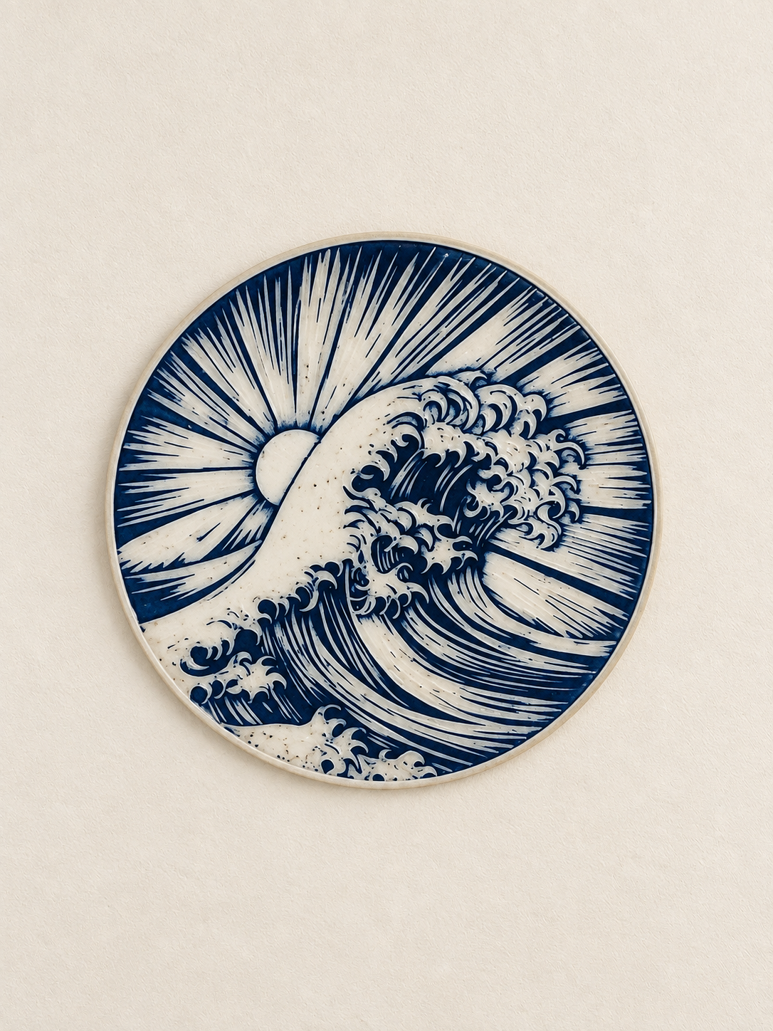 Decorative ceramic plate with a wave and sun design in blue and white.