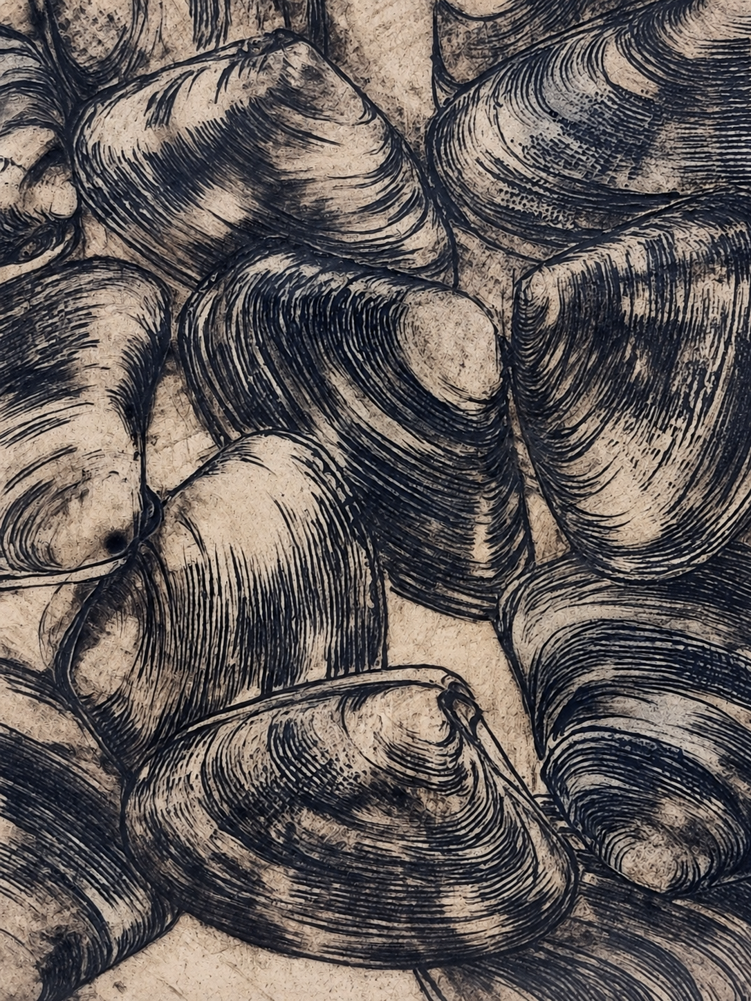 Close-up of a black and white illustration of seashells with detailed lines and shading.