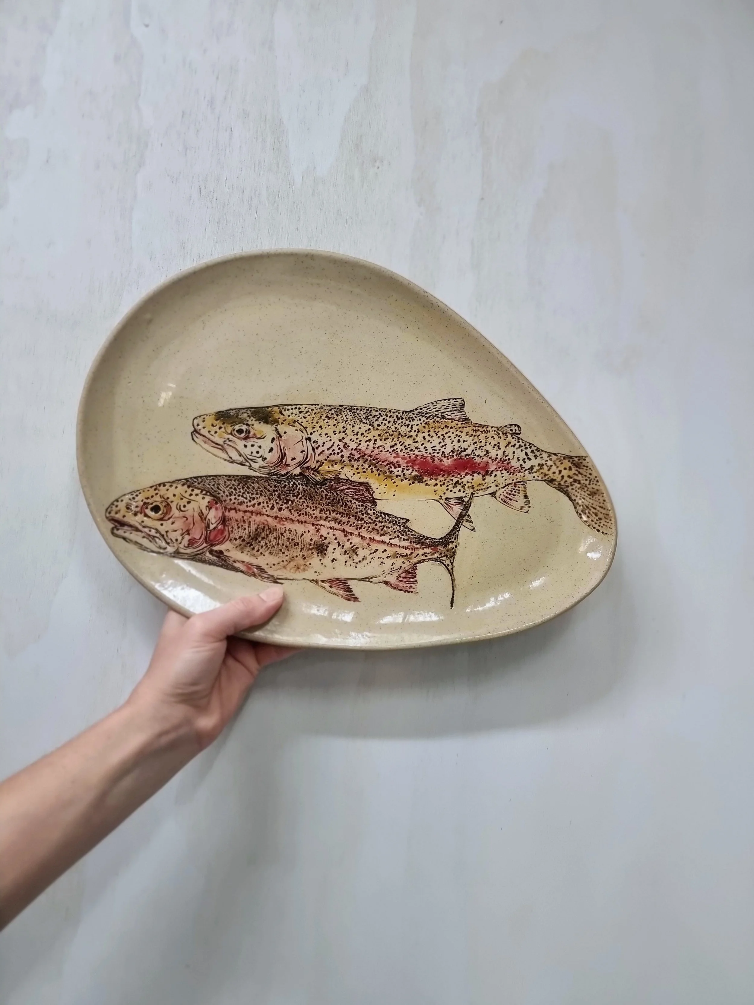hand etched pigment stained illustrated platter with rainbow trout
