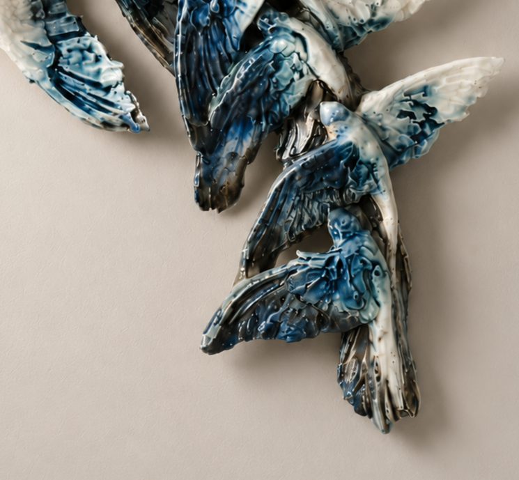 Art sculpture of feathers in shades of blue, black, white, and gray mounted on a light-colored wall.