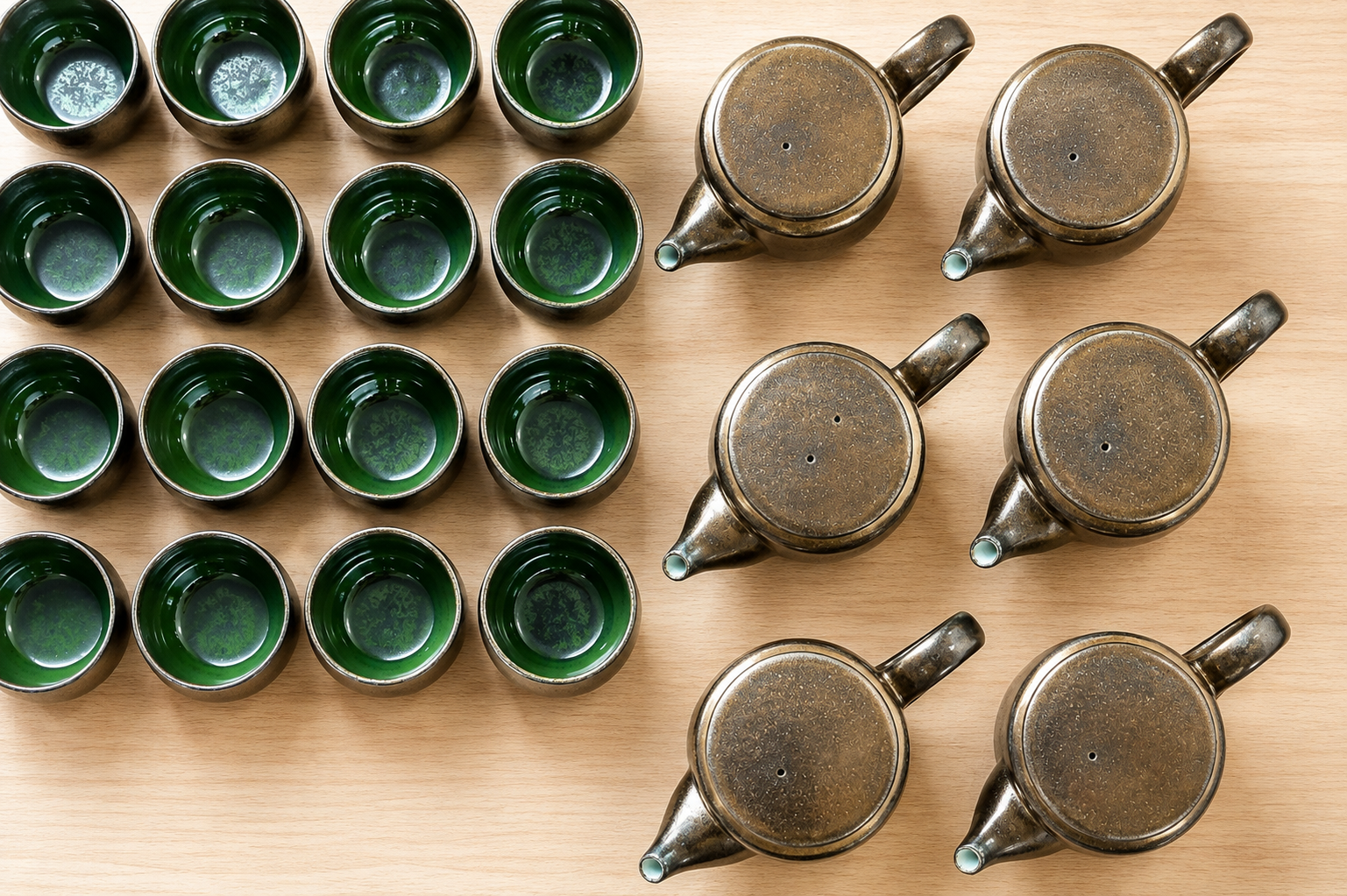 A top-down view of small green and black cups and metallic teapots on a wooden surface.