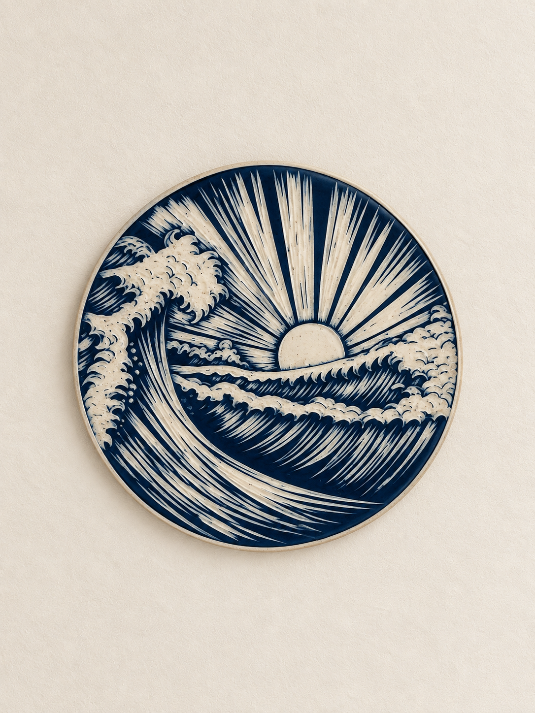 Decorative plate with a blue and white design of a sunrise, sun rays, and ocean waves.