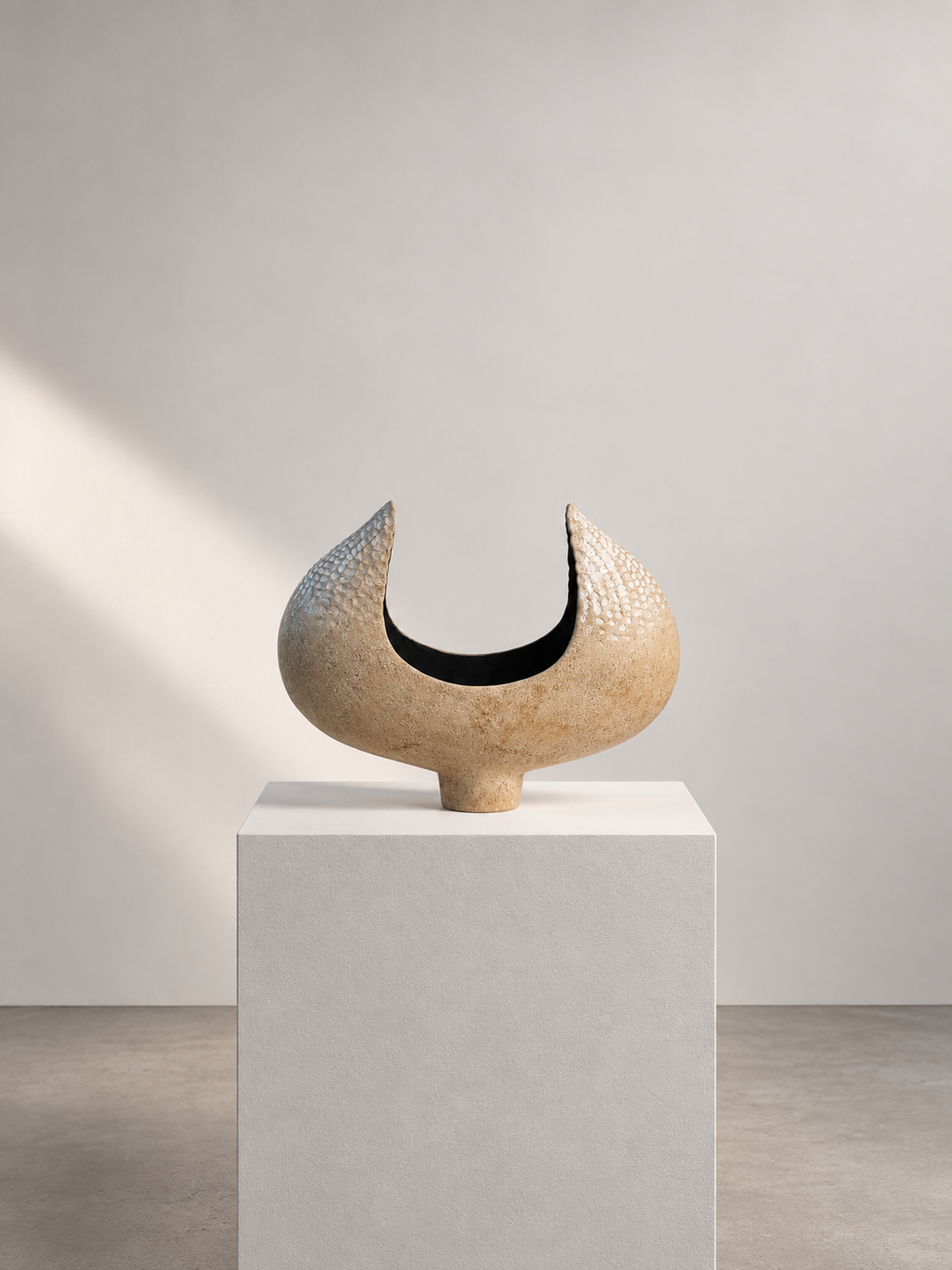 A textured ceramic sculpture resembling a crescent moon, with pointed tips, displayed on a white pedestal against a plain, light-colored background.
