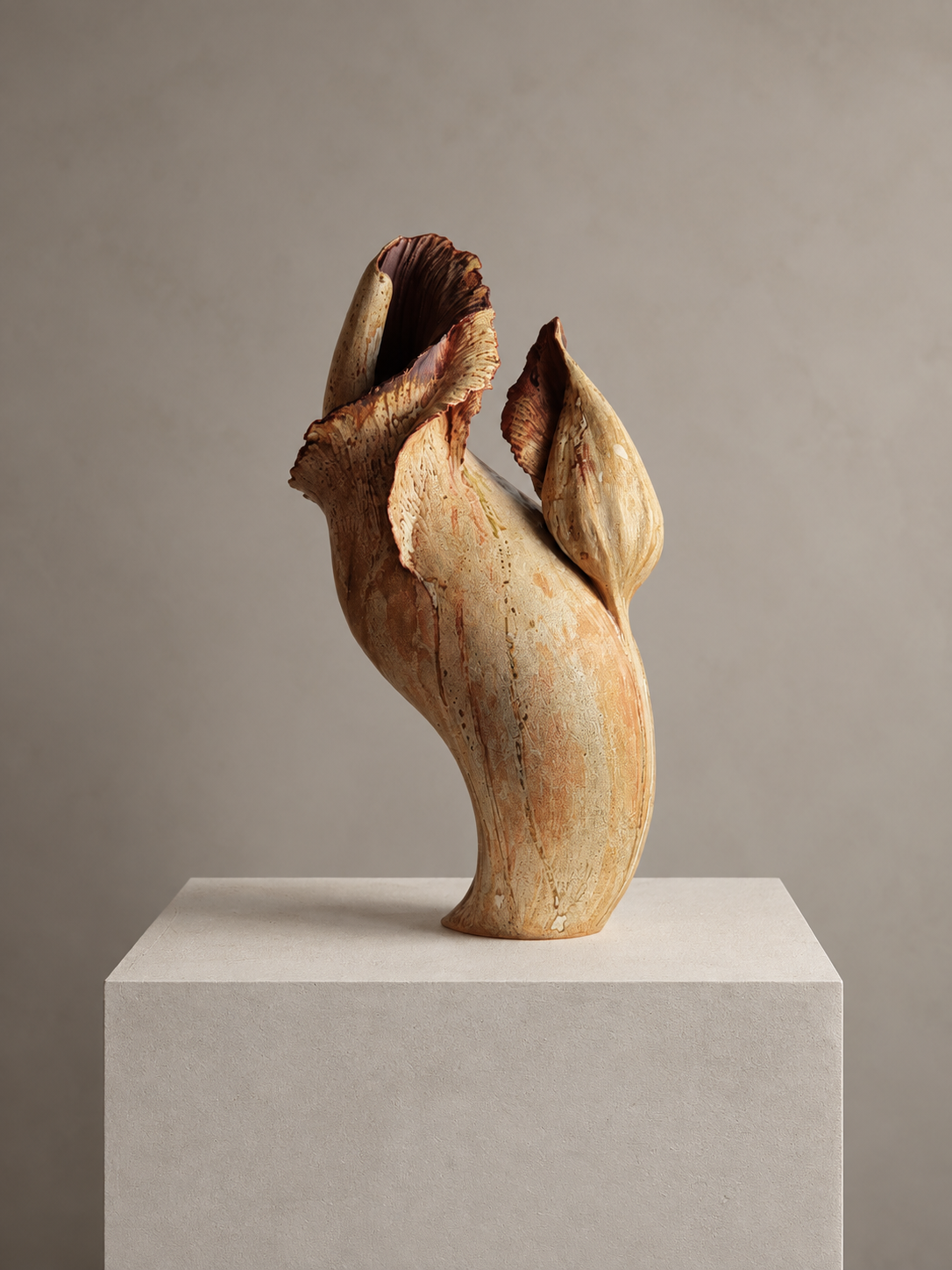 Sculpture made from natural materials, displayed on a white pedestal against a neutral background.