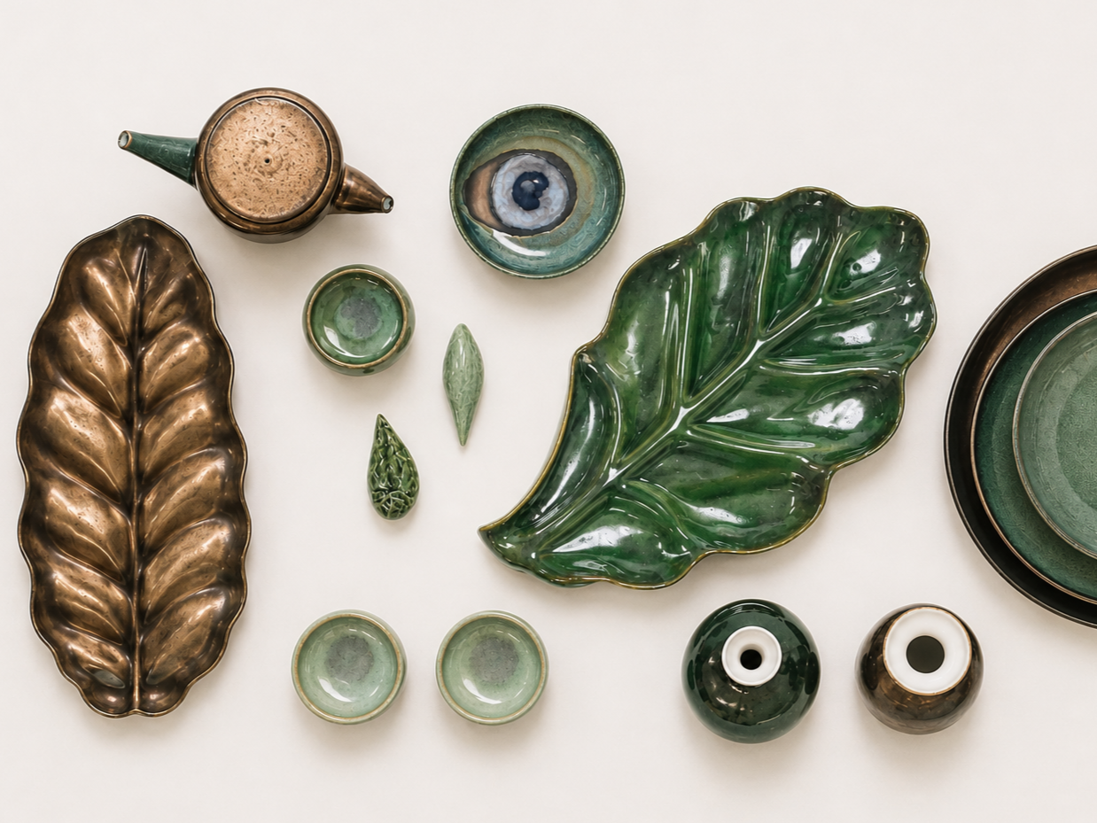 Collection of green and bronze ceramic bowls, plates, and decorative items on a white surface, including two leaf-shaped dishes and a small bottle with a round body.