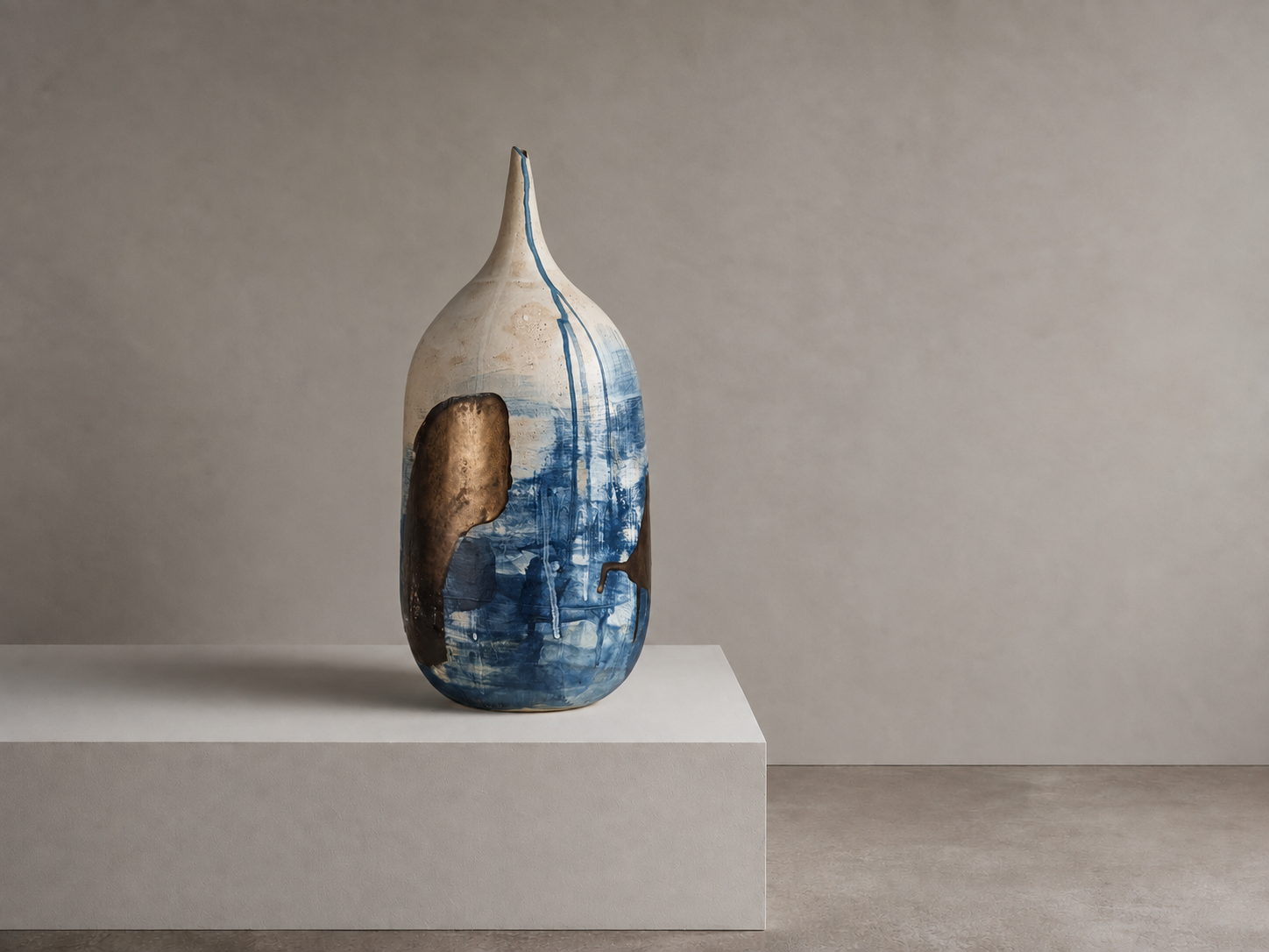 Ceramic vase with abstract blue and brown design on a white pedestal against a plain gray background.