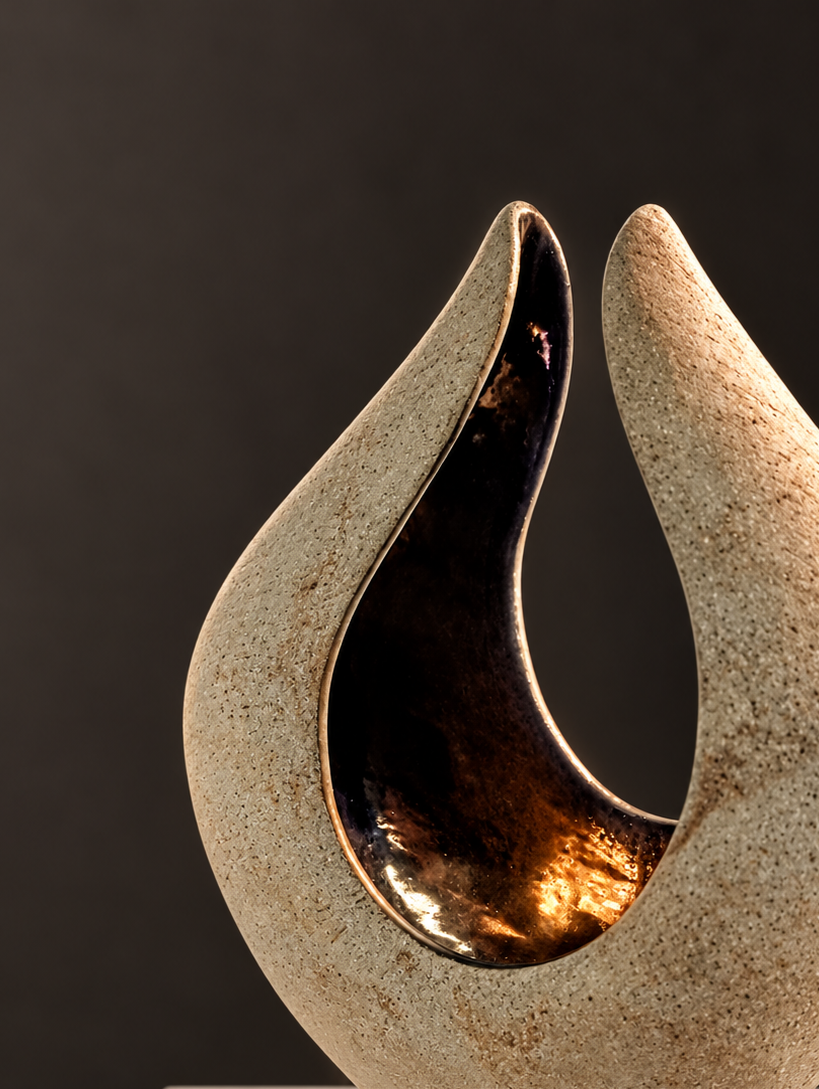 A sculptural ceramic art piece with a hollow, curved form featuring a glossy, dark interior and a textured, light exterior against a dark background.