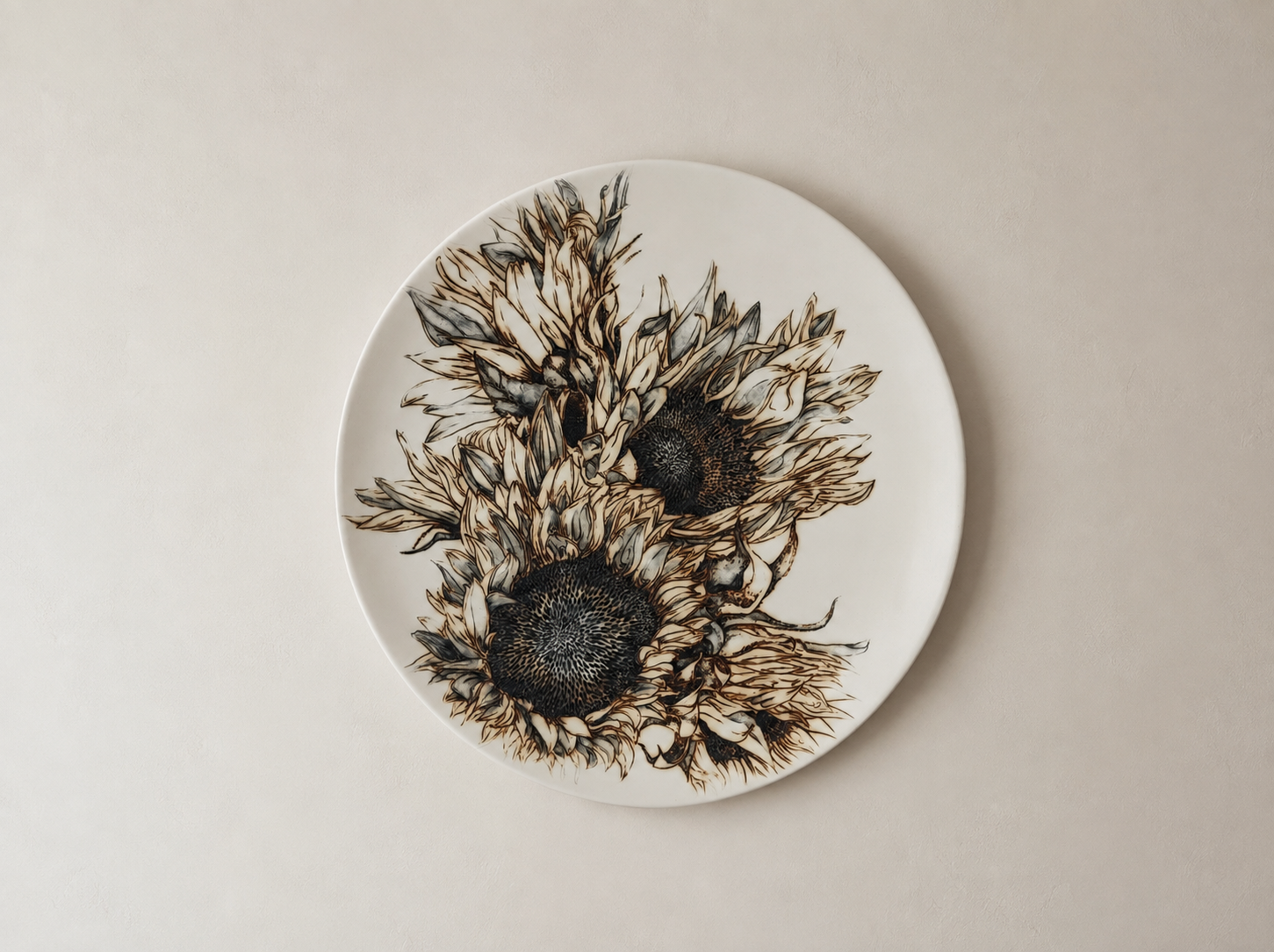 Decorative round ceramic plate with a sunflower design in brown and black tones, placed on a plain light-colored surface.
